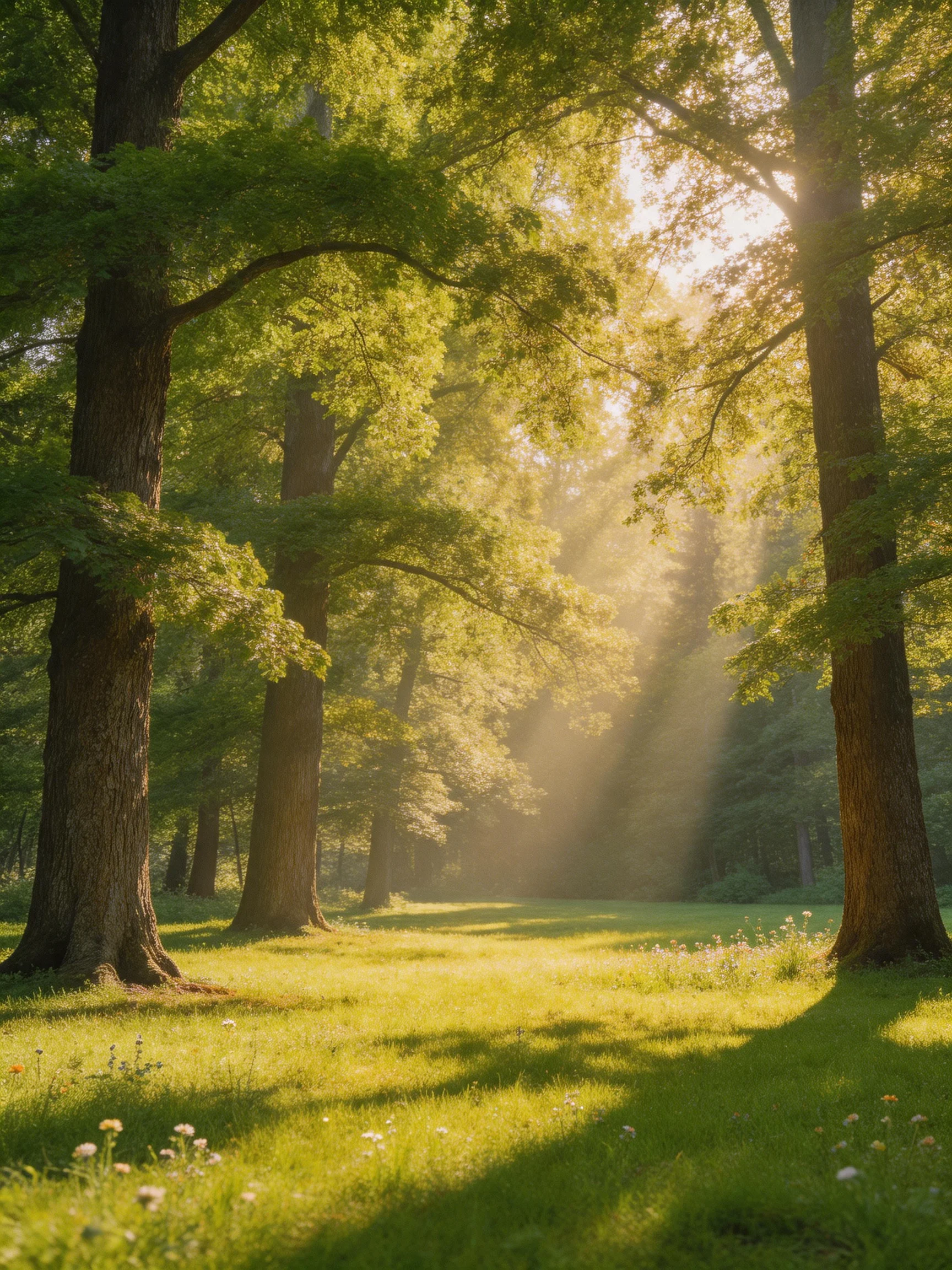 Tall oak trees stand in a sun-dappled forest clearing