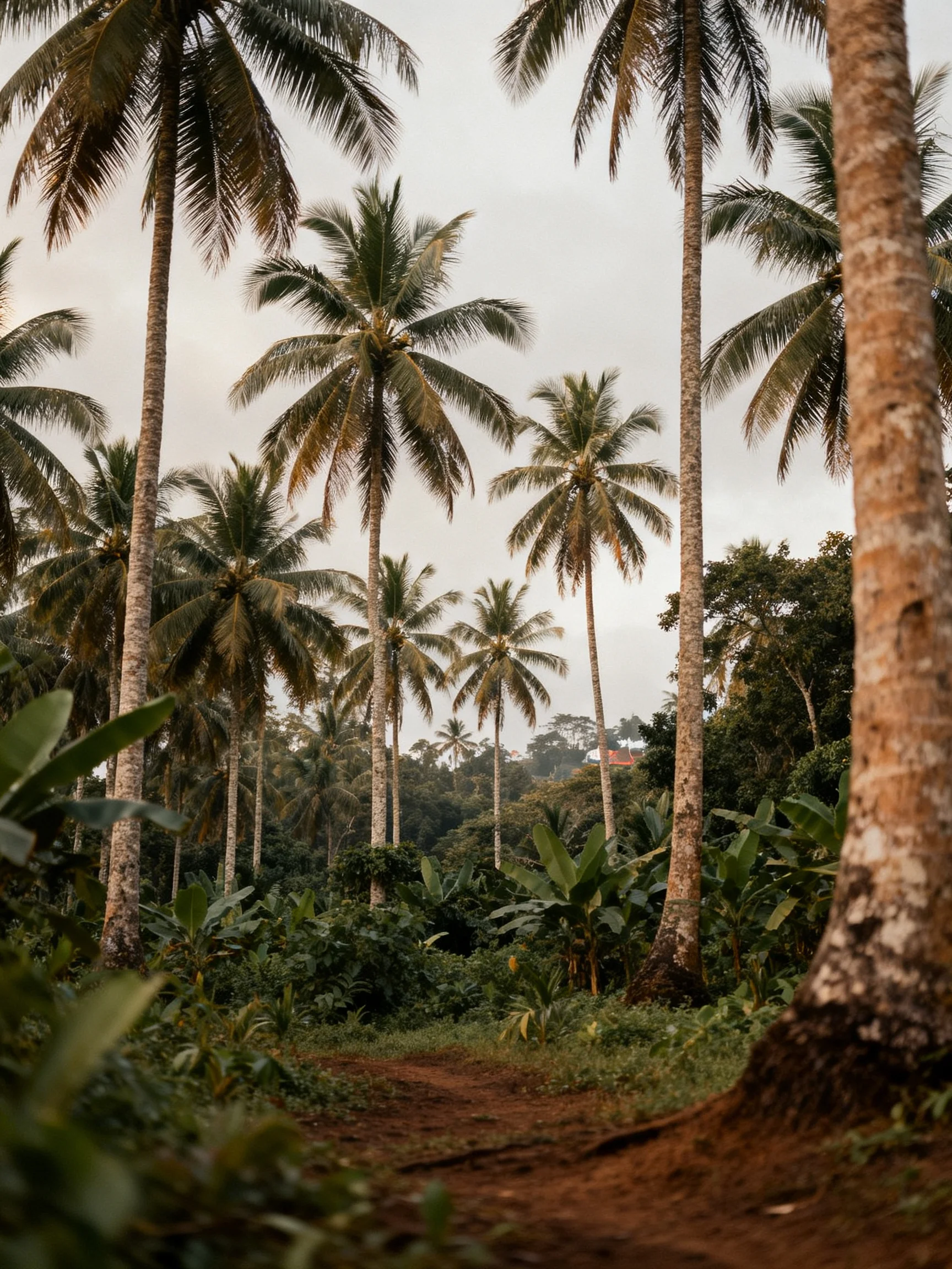 Tall palm trees tower over a winding dirt path in dense tropical foliage