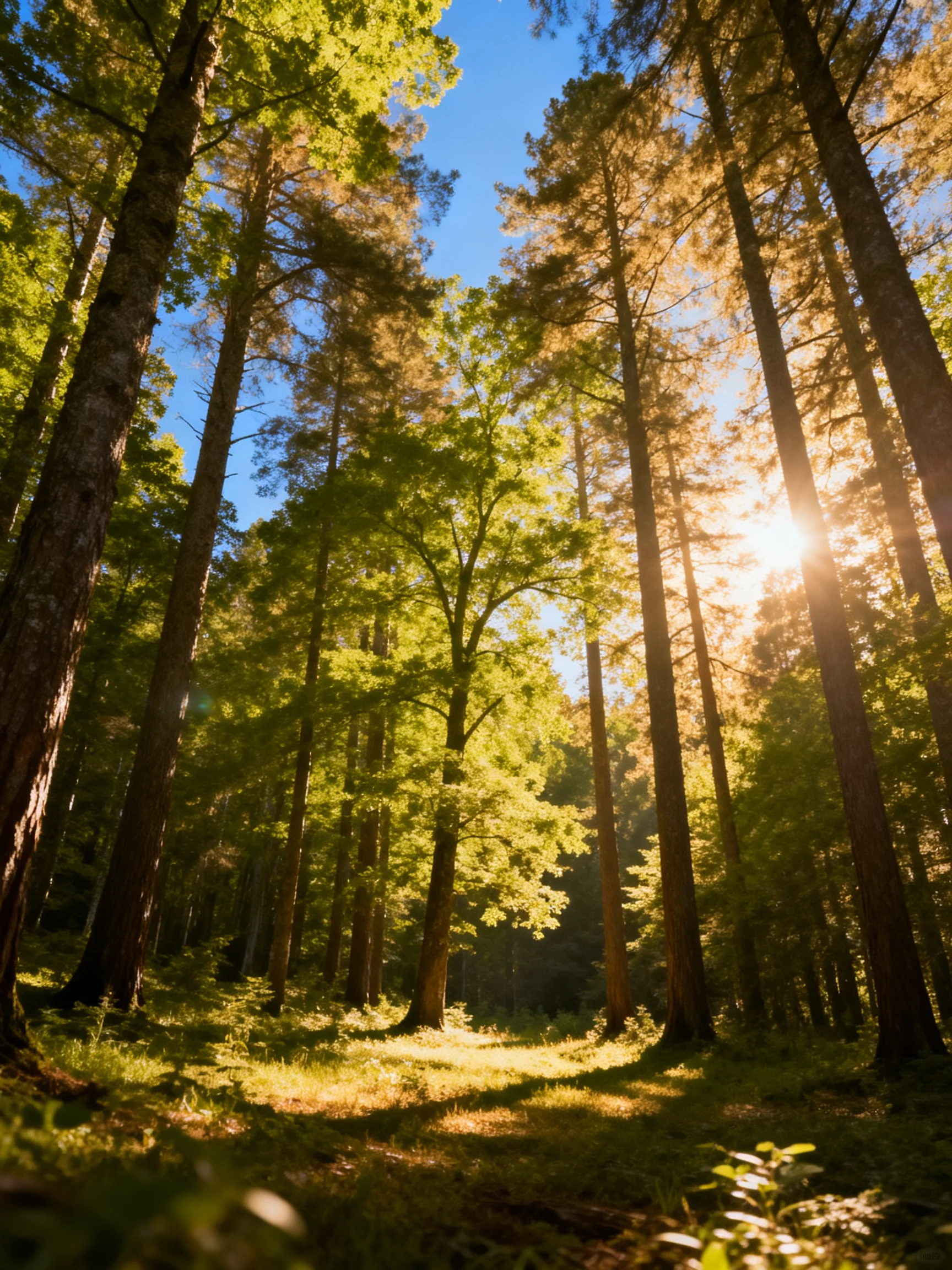 Tall pine and oak trees bathed in golden sunlight within a dense forest