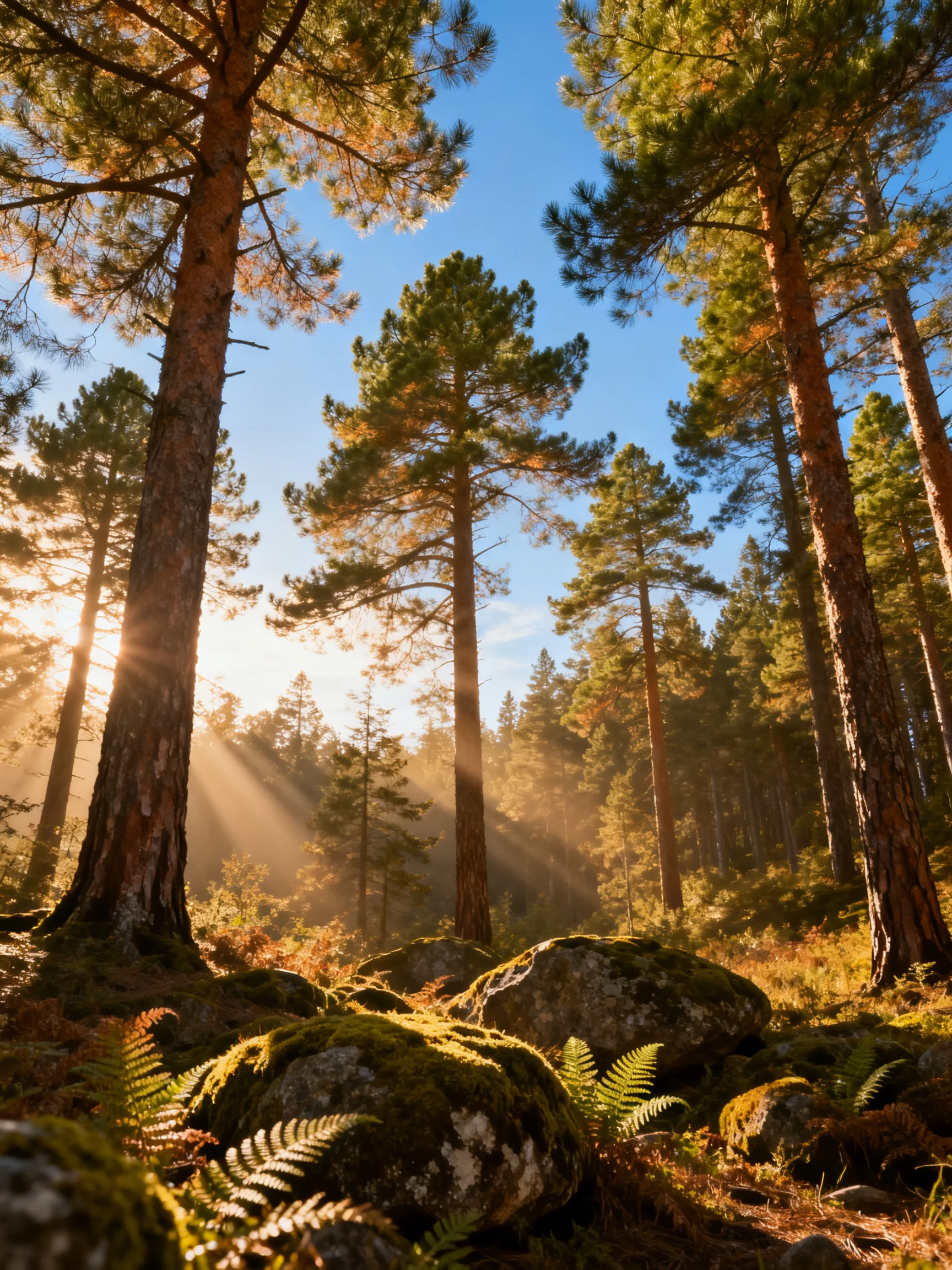Tall pine trees bathed in golden morning light among moss-covered rocks