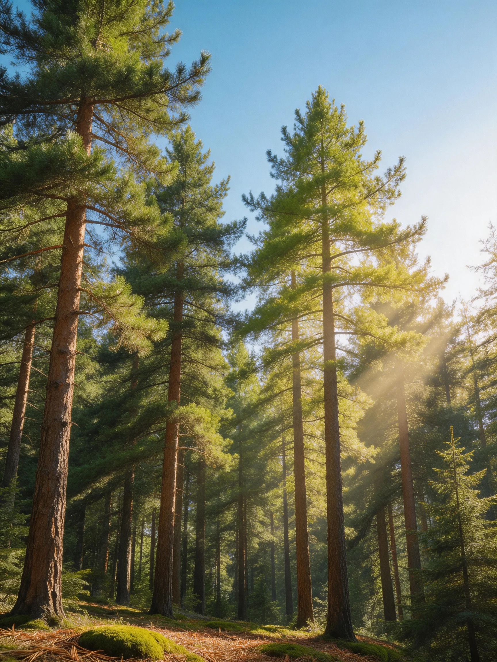 Tall pine trees bathed in golden sunlight in a dense forest