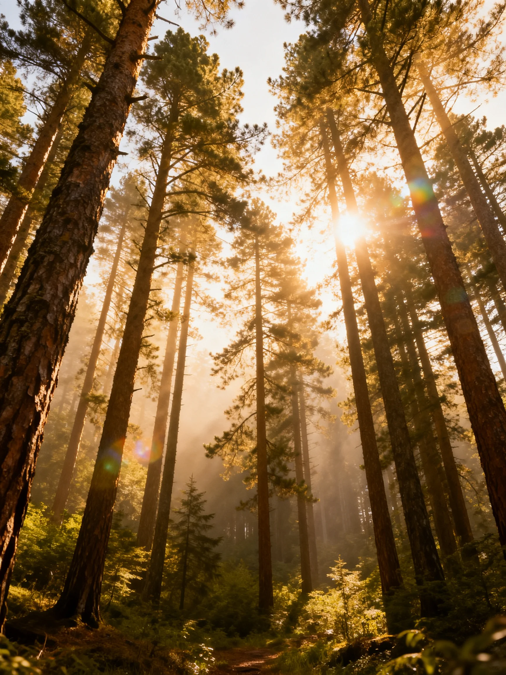 Tall pine trees bathed in golden sunlight with misty forest surroundings