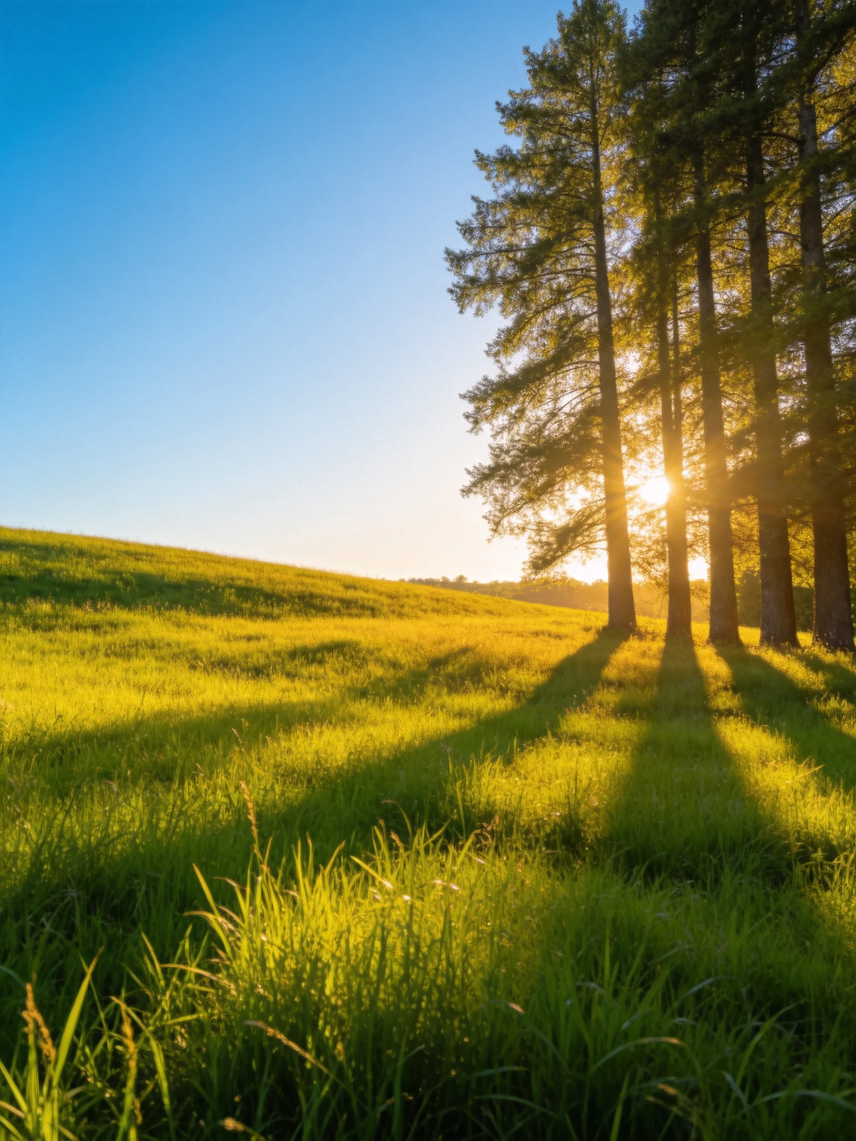 Tall pine trees cast long shadows over a golden meadow under bright blue sky
