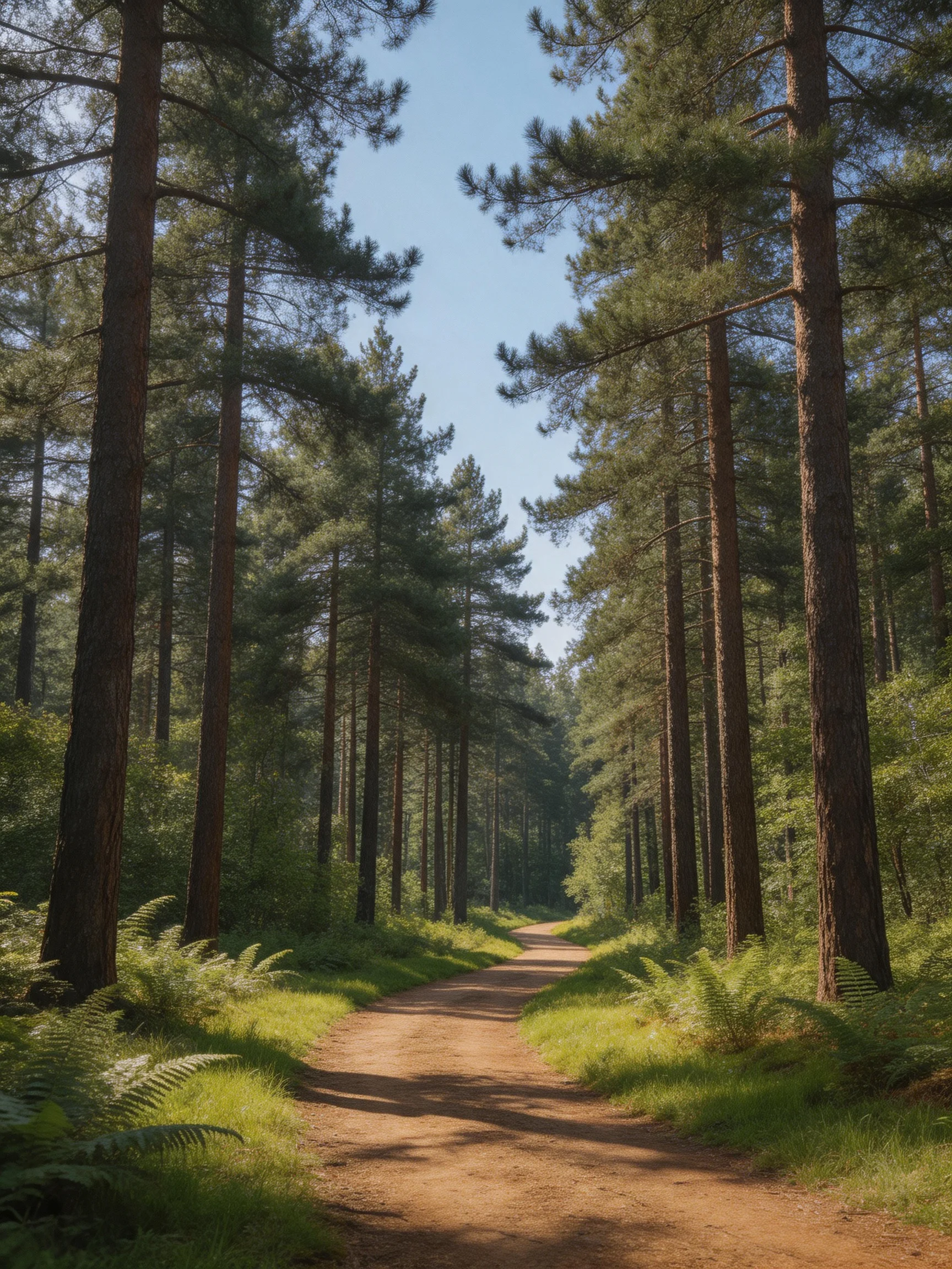 Tall pine trees flank a sunlit forest dirt path