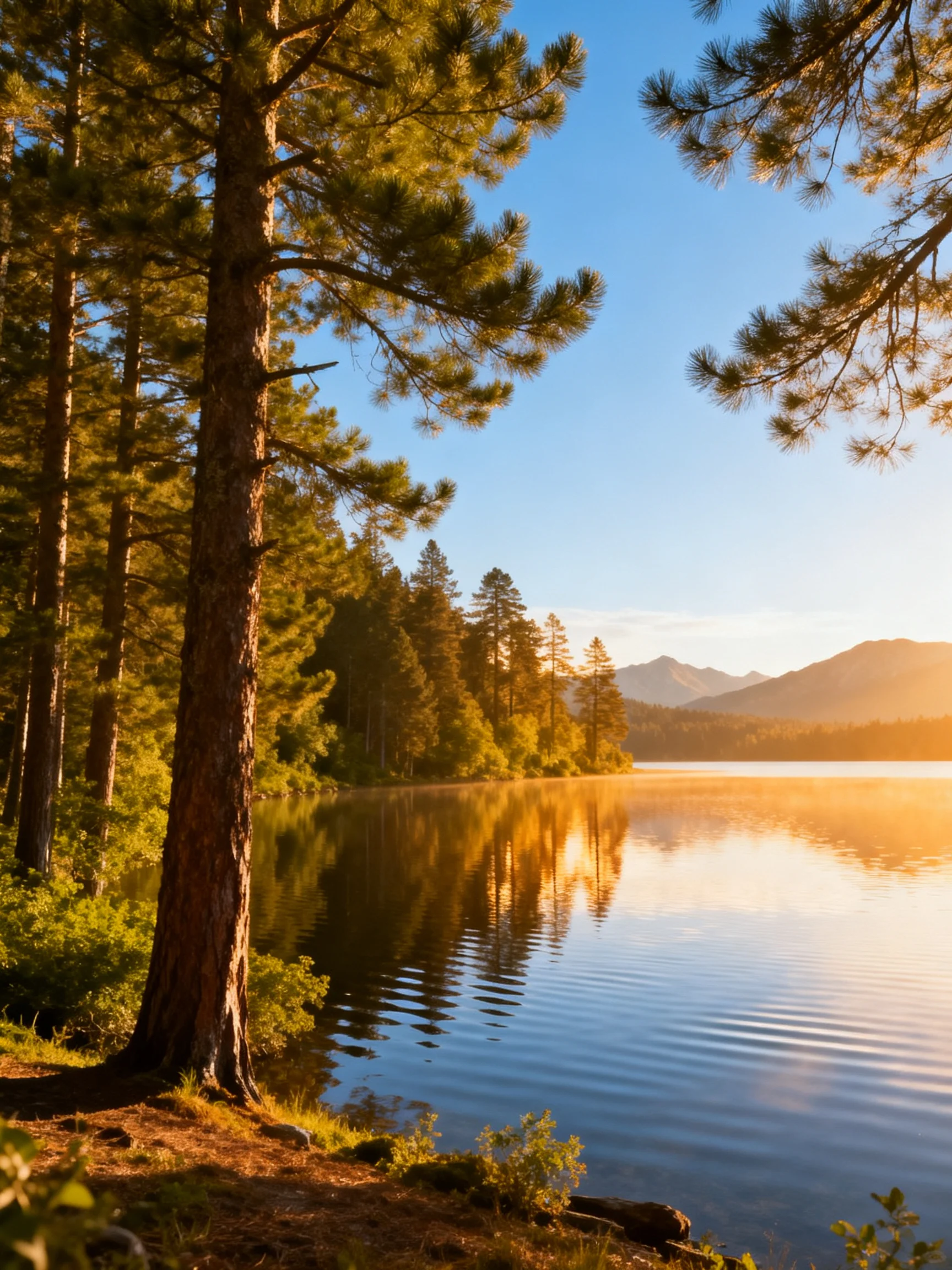 Tall pine trees frame a calm lake reflecting golden sunlight near distant mountains.