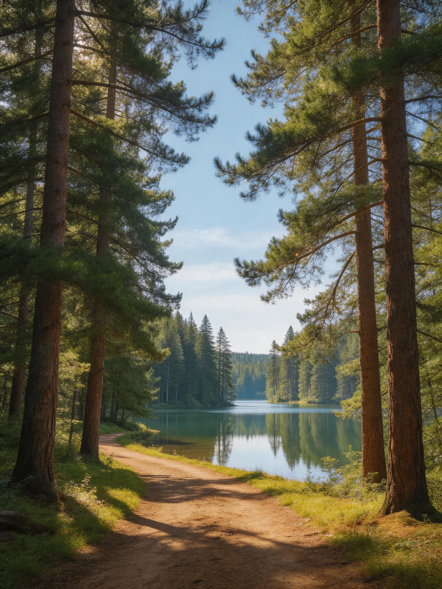 Tall pine trees frame a serene lake beside a dirt path