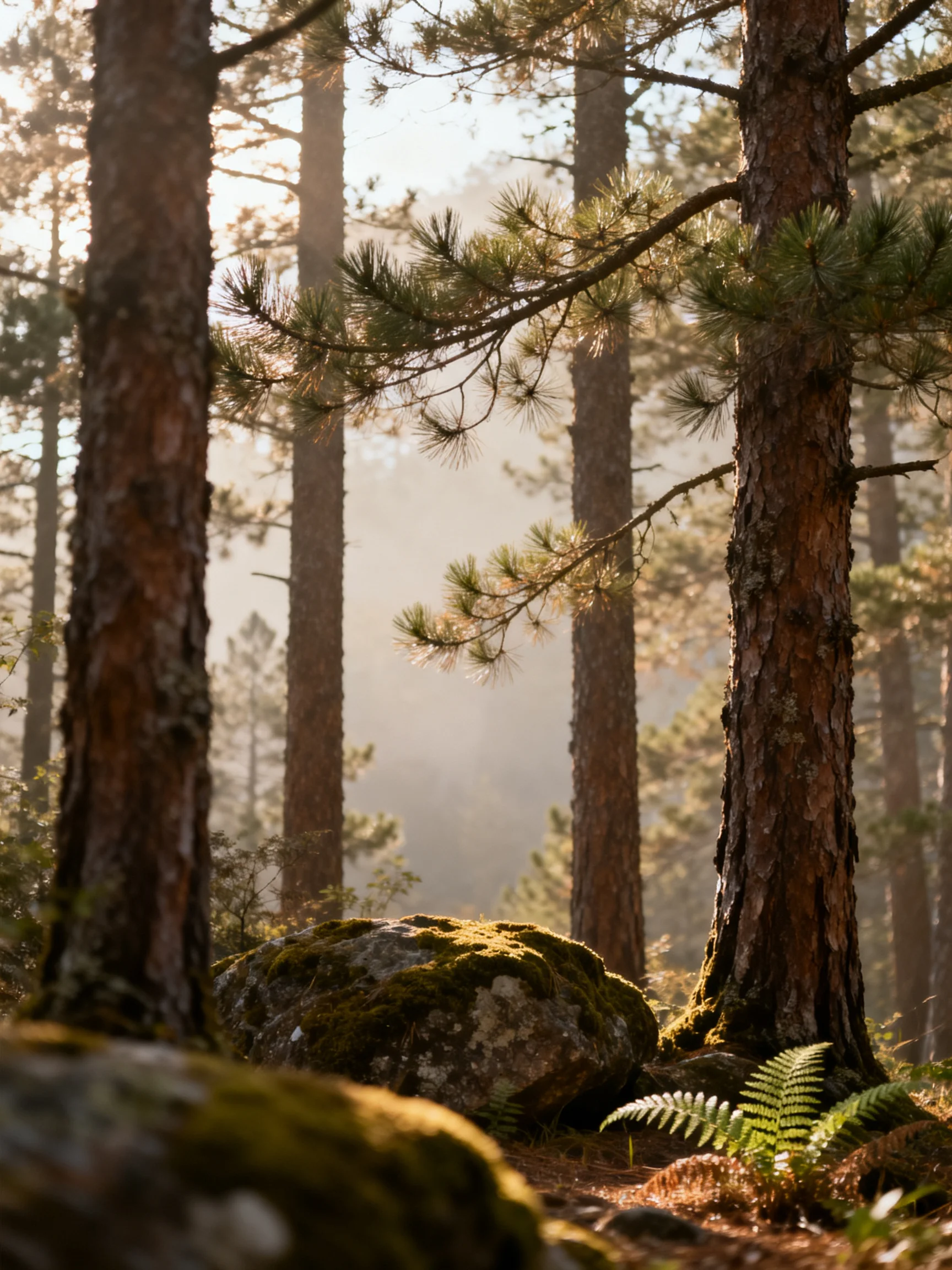 Tall pine trees frame moss-covered rocks in sunlit forest