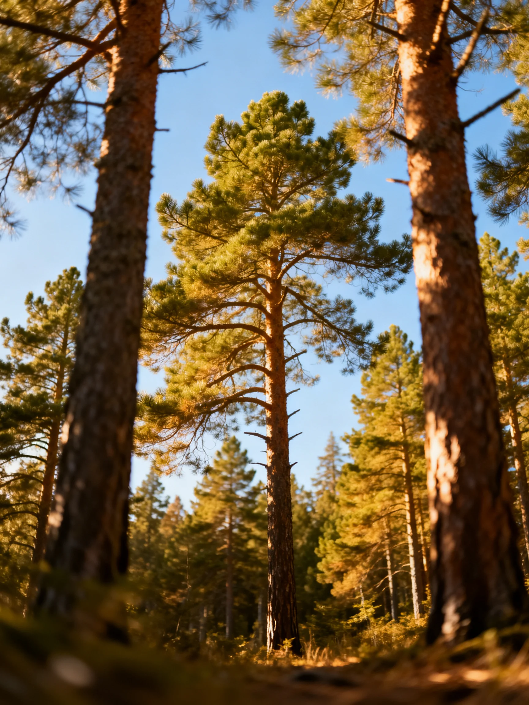 Tall pine trees illuminated by golden sunlight in a dense forest