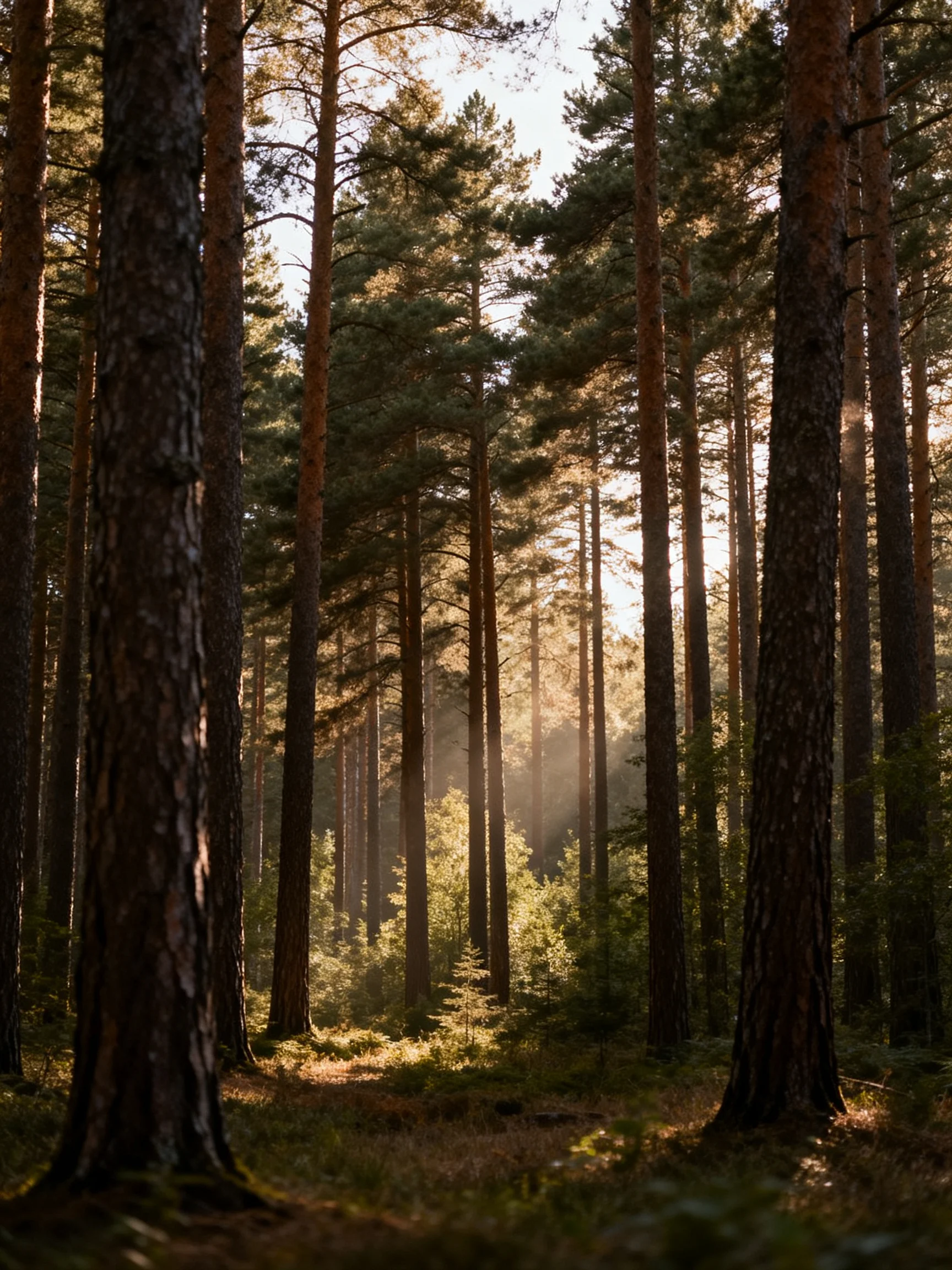 Tall pine trees illuminated by golden sunlight in dense forest