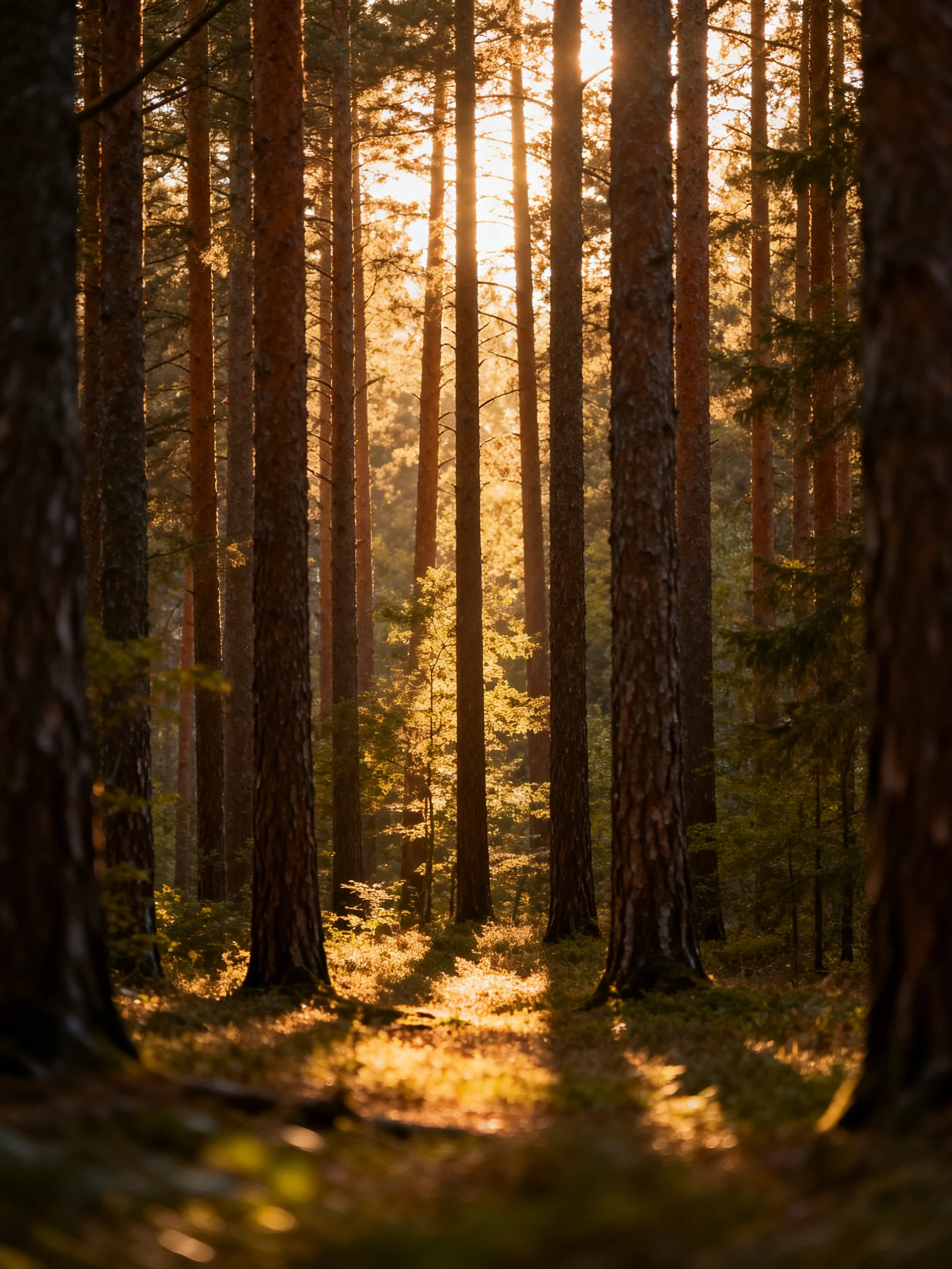 Tall pine trees illuminated by golden sunlight in dense forest