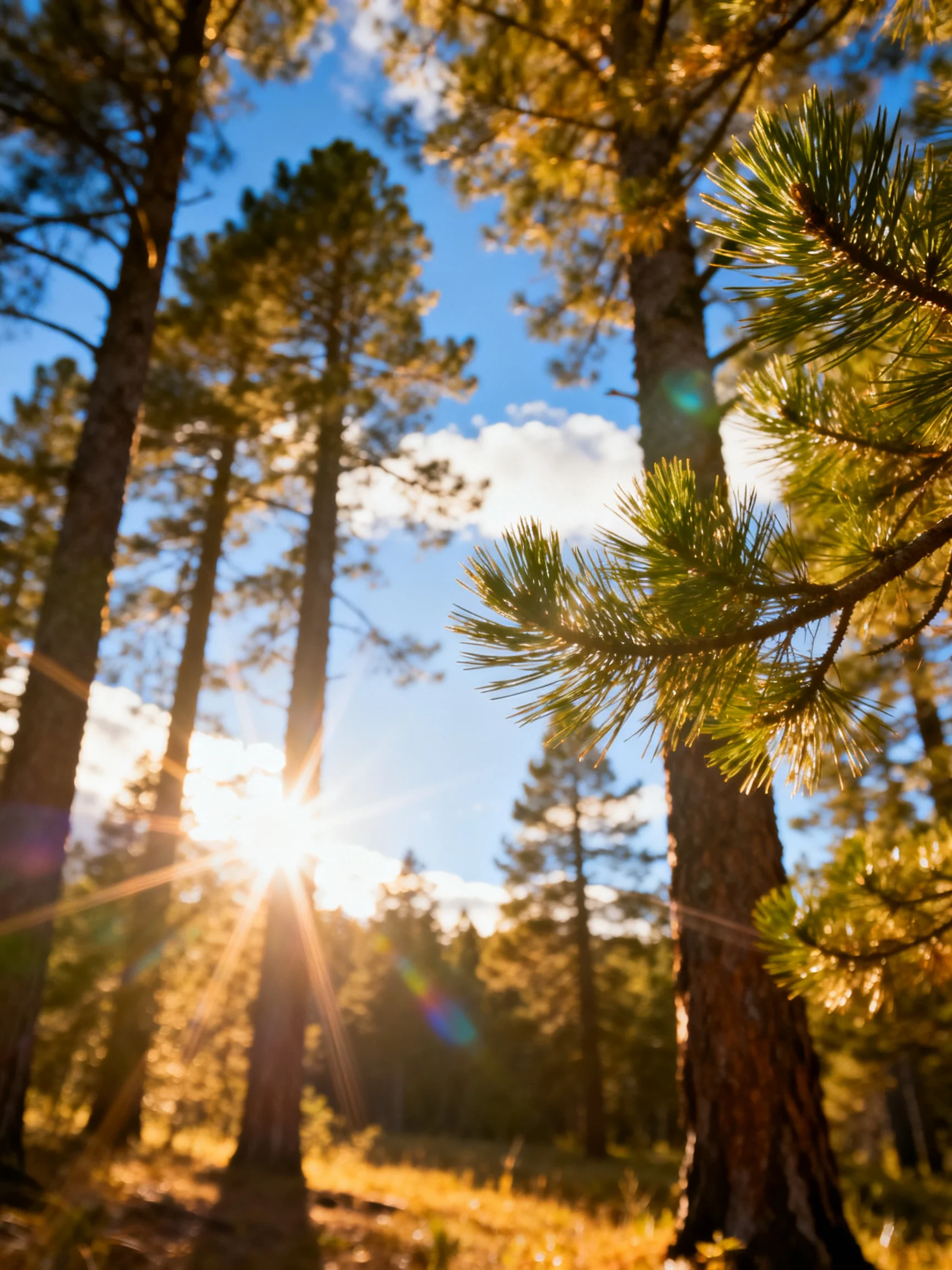 Tall pine trees illuminated by golden sunlight under a clear blue sky