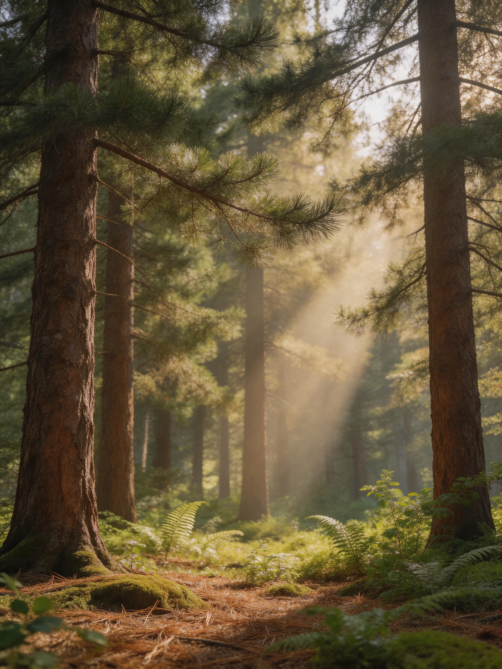 Tall pine trees in a sun-dappled forest with golden rays