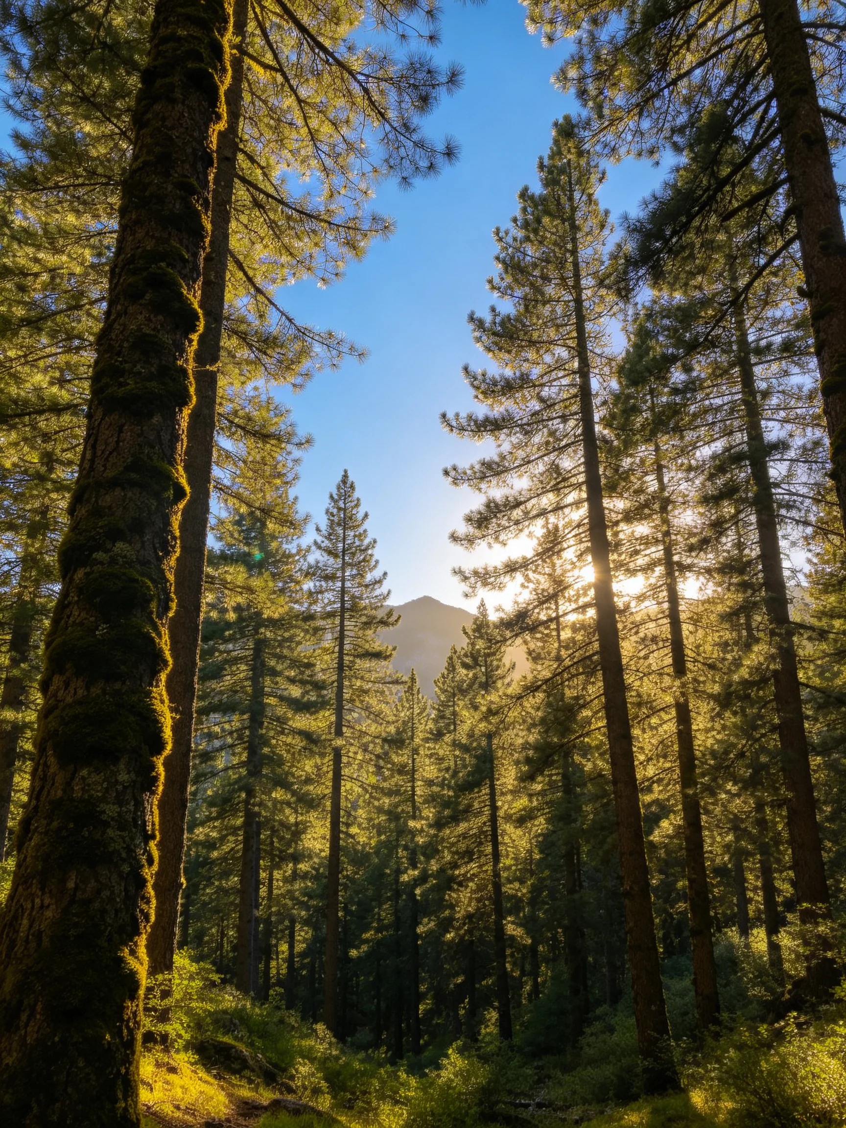 Tall pine trees in a sun-dappled forest with moss-covered trunks