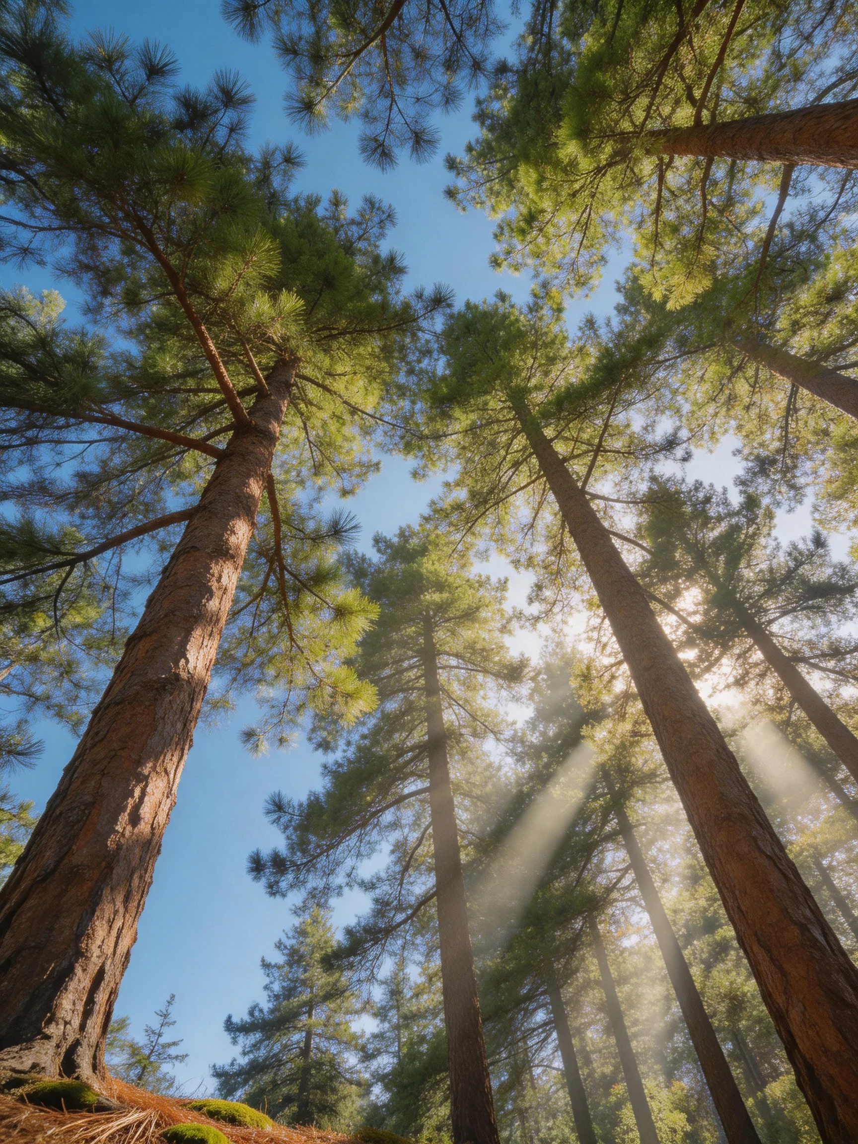 Tall pine trees reach toward bright blue sky with sunbeams