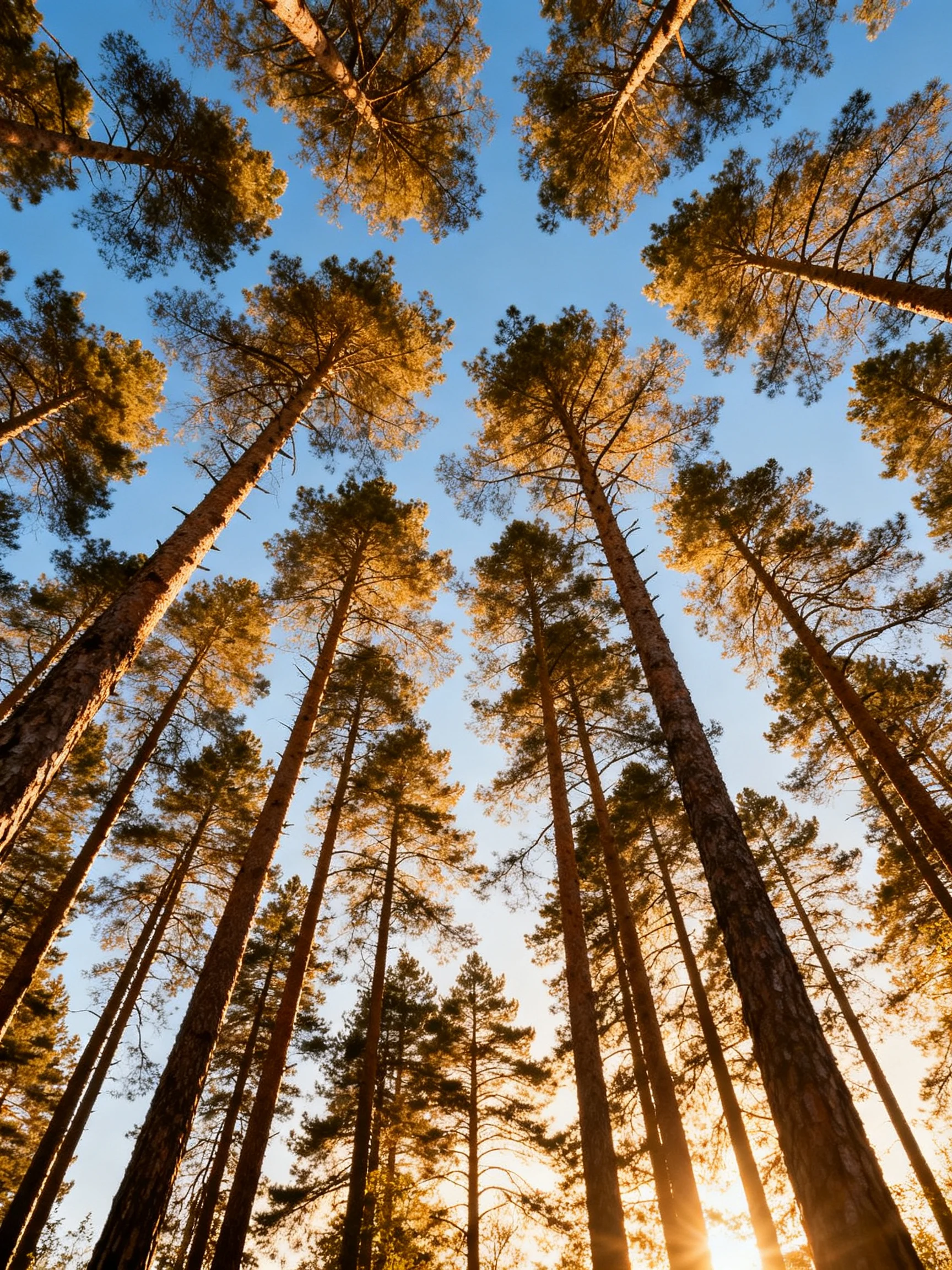 Tall pine trees reaching toward a clear blue sky with golden sunlight