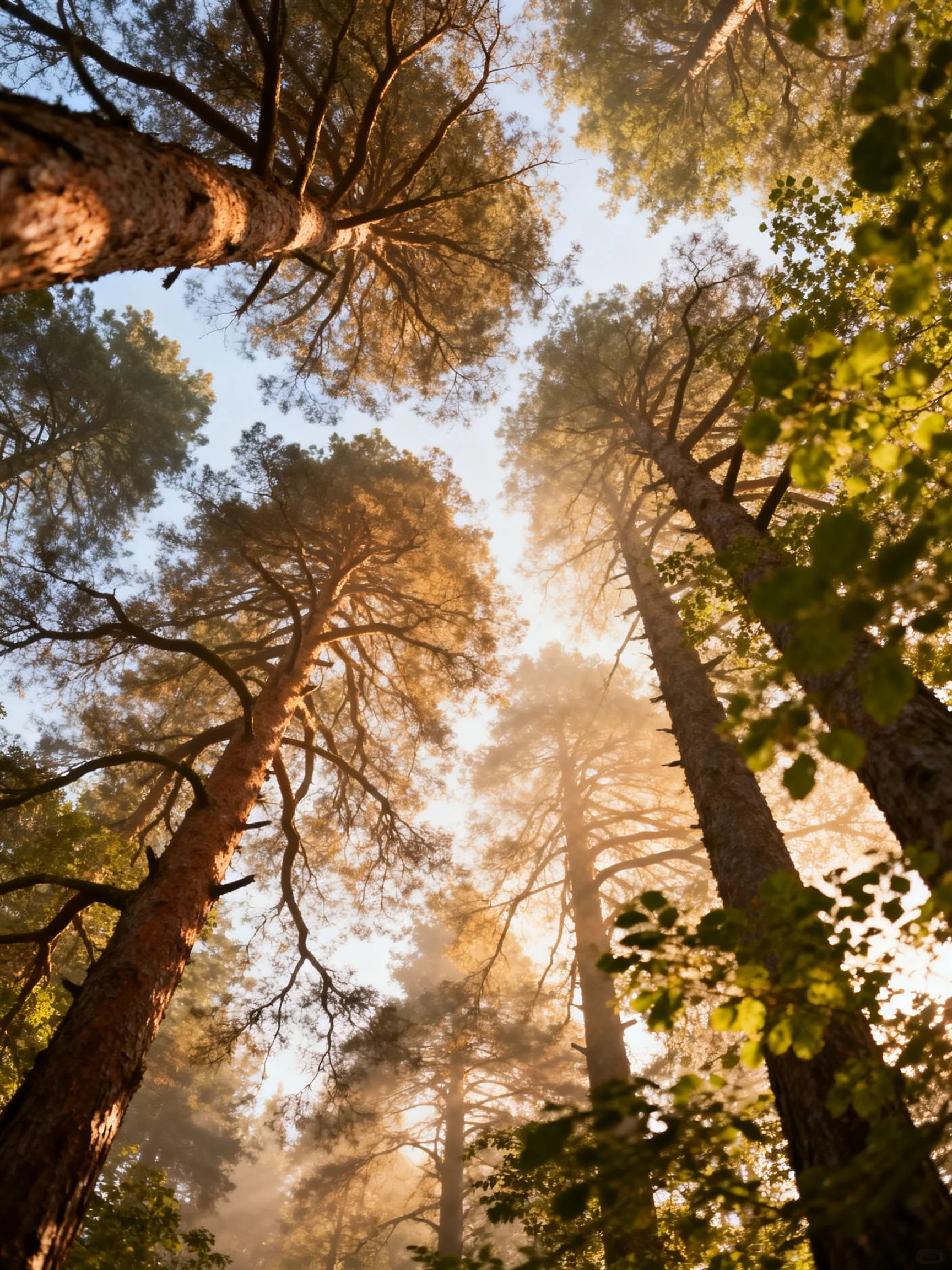 Tall pine trees reaching toward golden morning sky