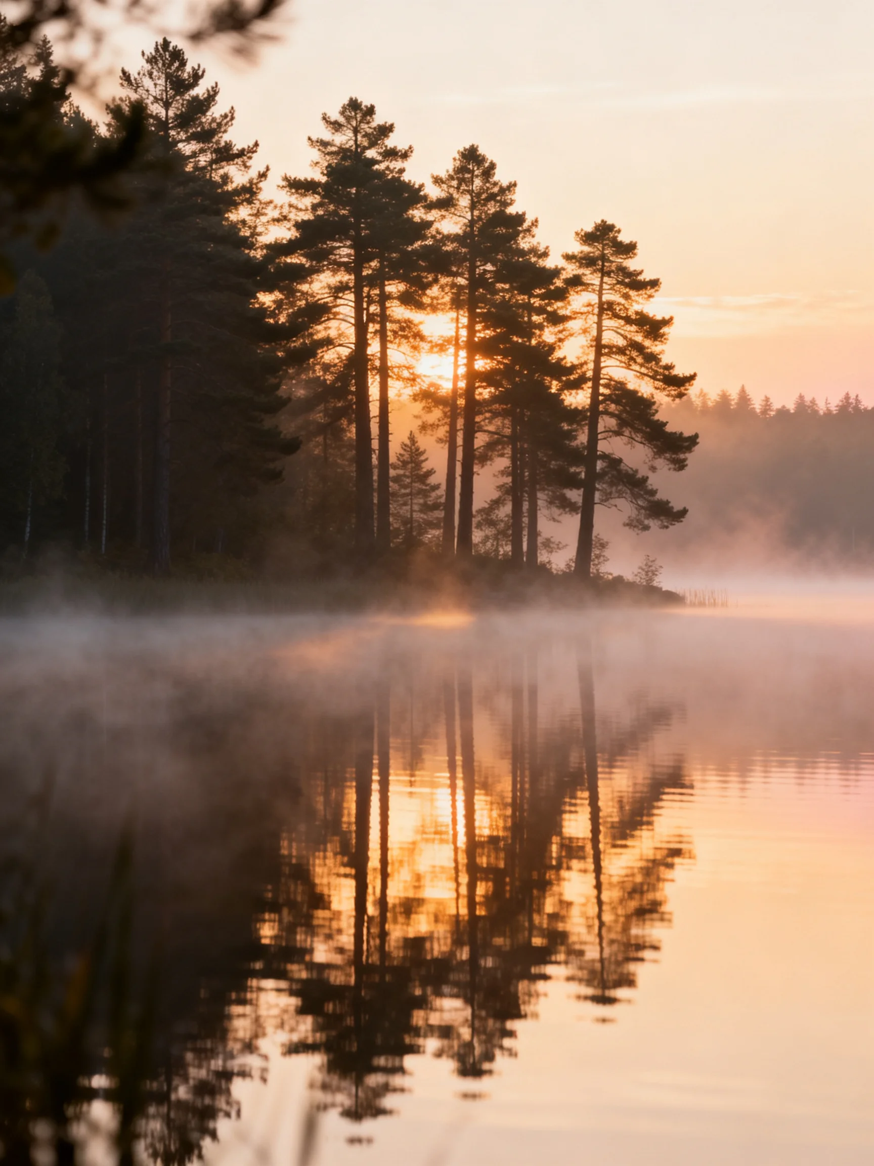 Tall pine trees reflected in calm lake during golden sunrise