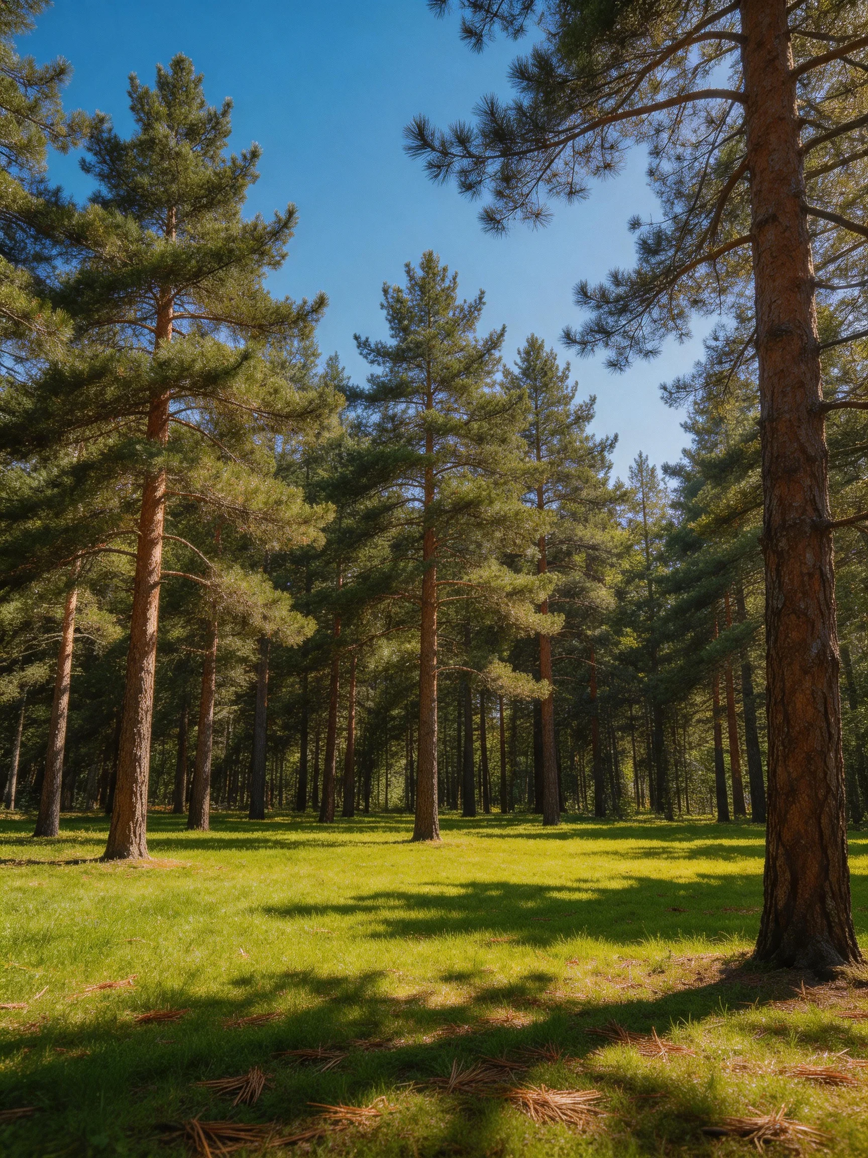 Tall pine trees scattered across a lush green meadow beneath a clear blue sky