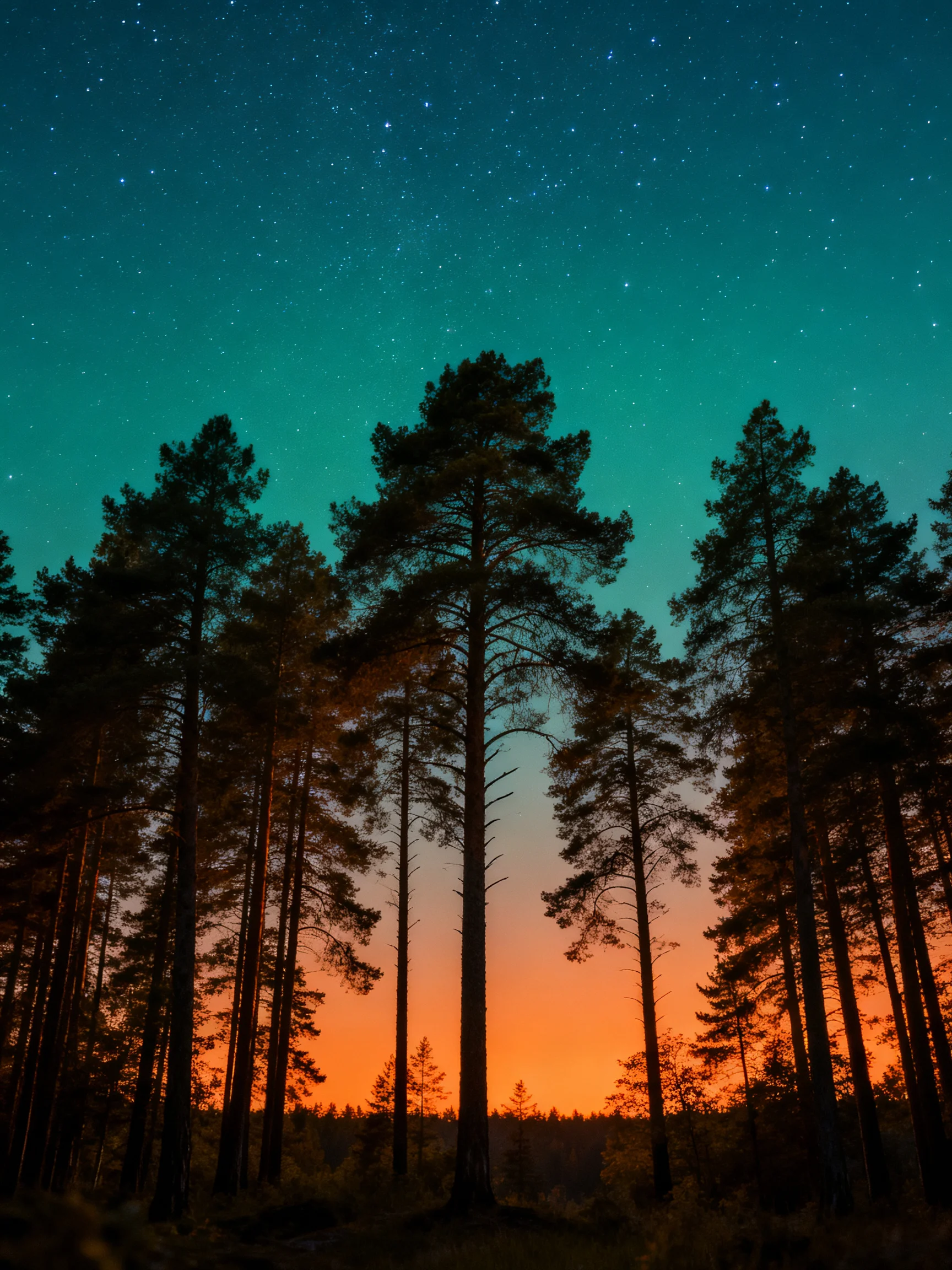 Tall pine trees silhouetted against a twilight-to-starlight gradient sky