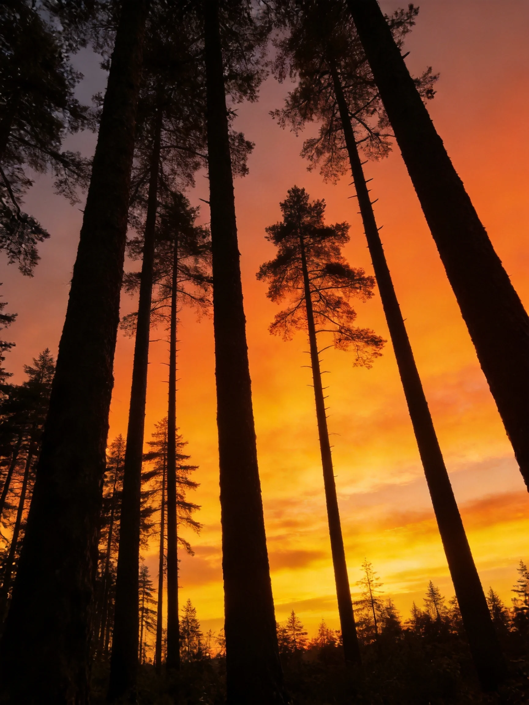 Tall pine trees silhouetted against a vibrant orange-yellow sunset sky