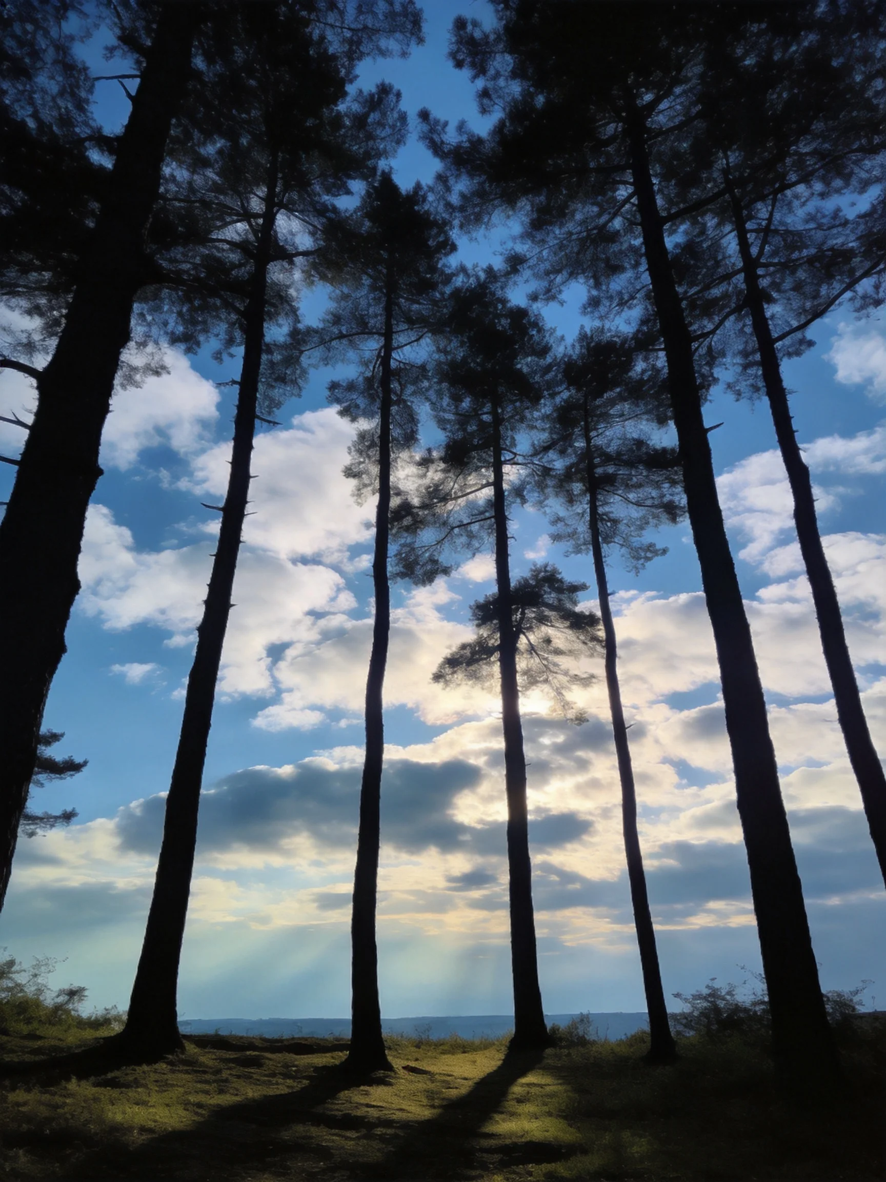 Tall pine trees silhouetted against vibrant blue sky with scattered clouds
