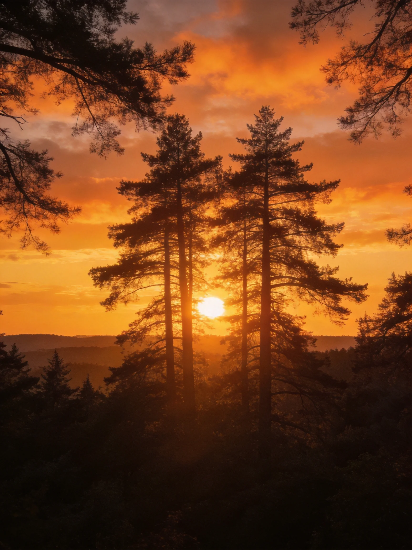 Tall pine trees silhouetted amid a fiery orange sunset sky