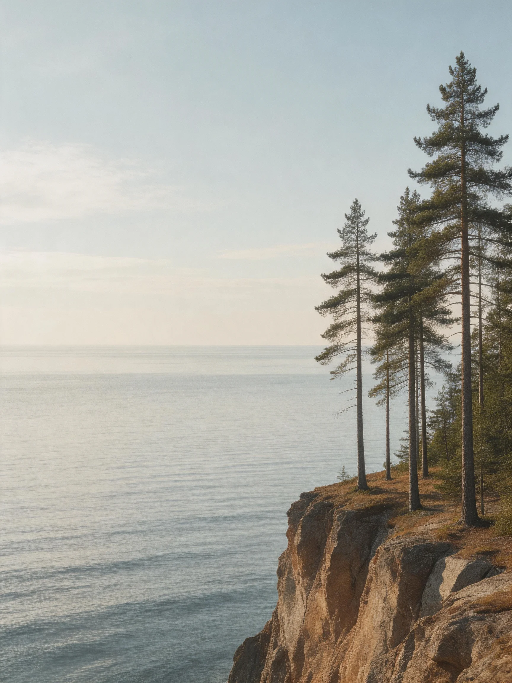 Tall pine trees stand along a rocky cliffside overlooking calm waters