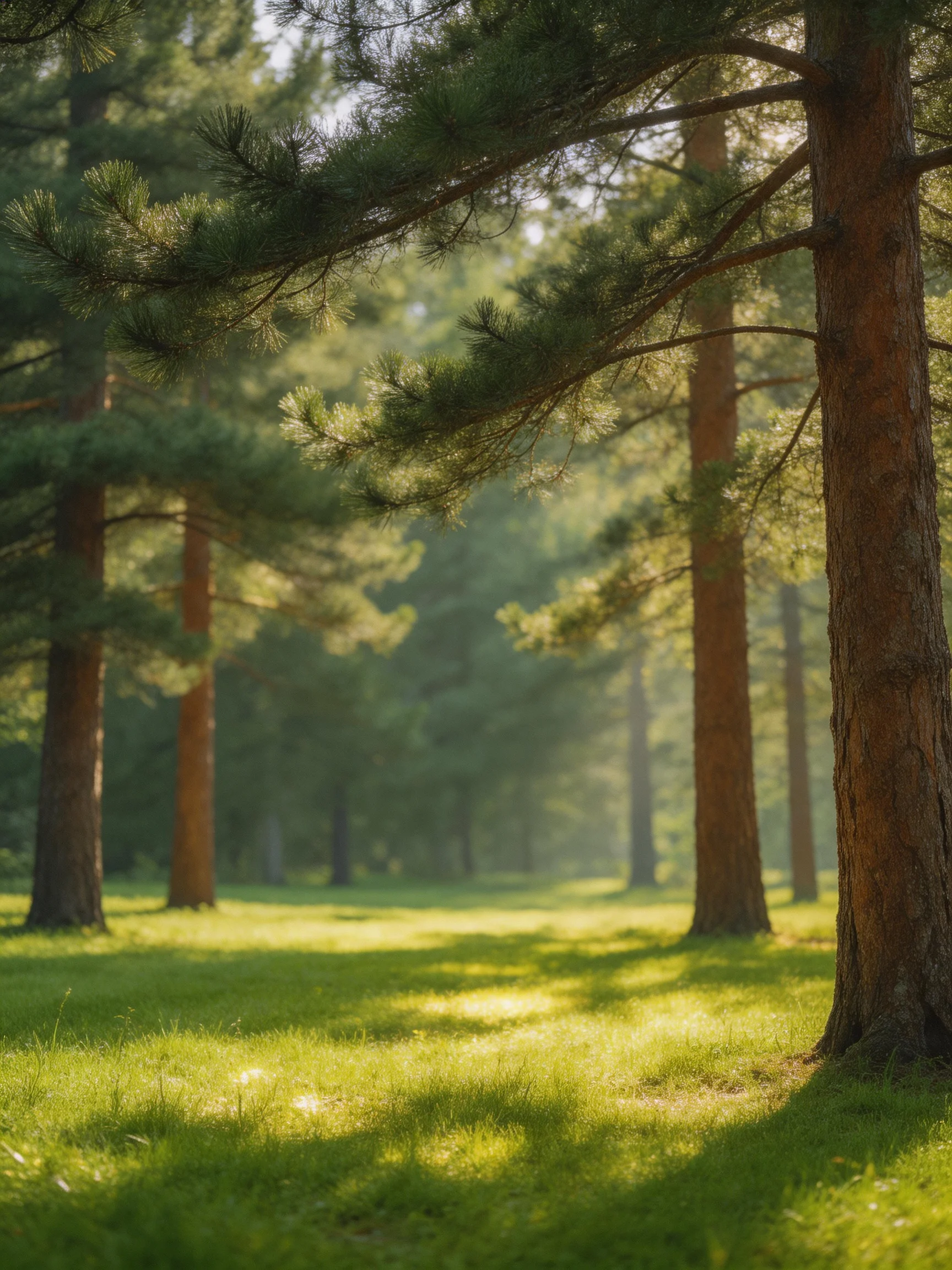 Tall pine trees stand in a sun-dappled forest clearing