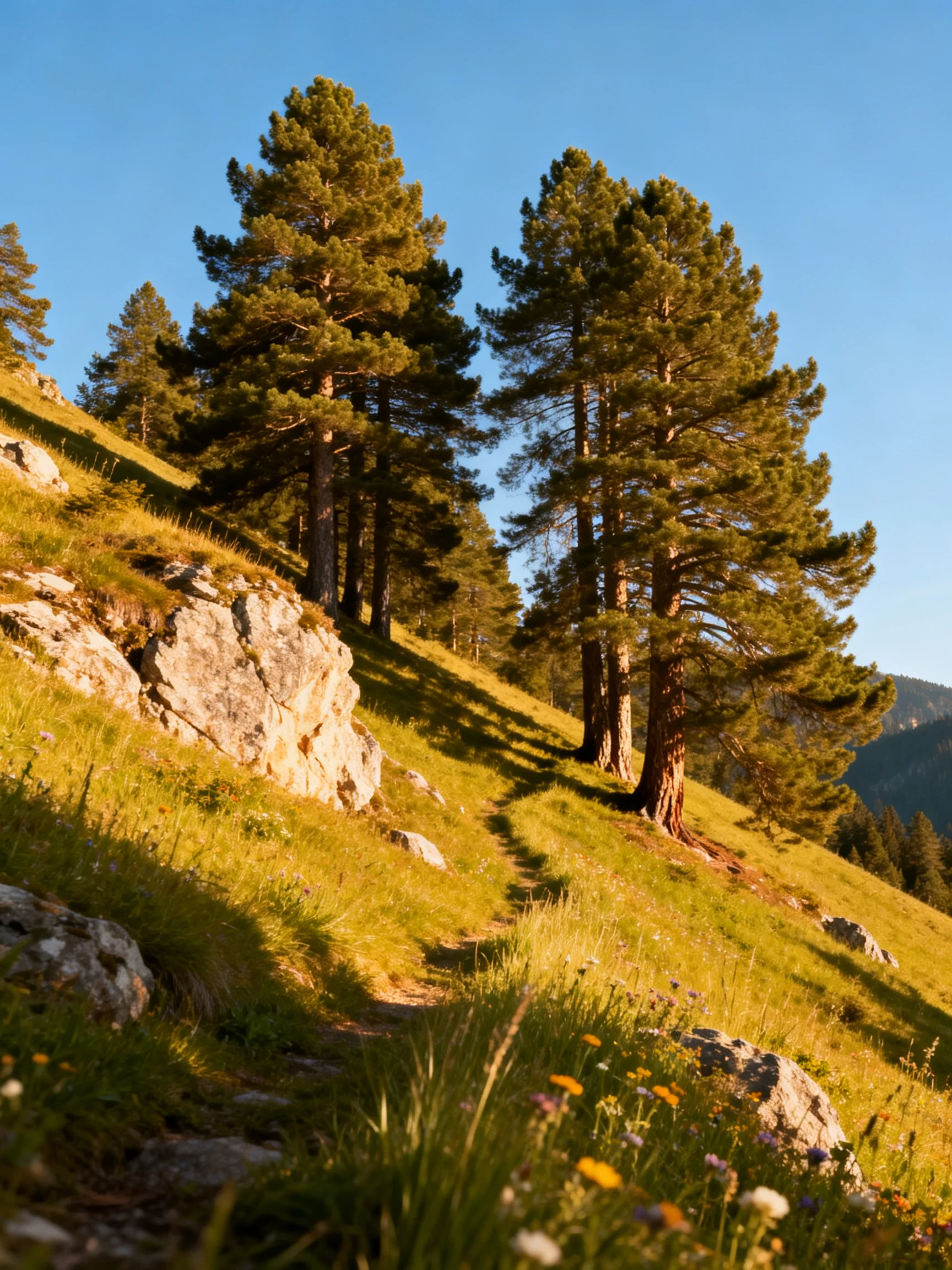 Tall pine trees stand on a sunlit rocky grassy hillside