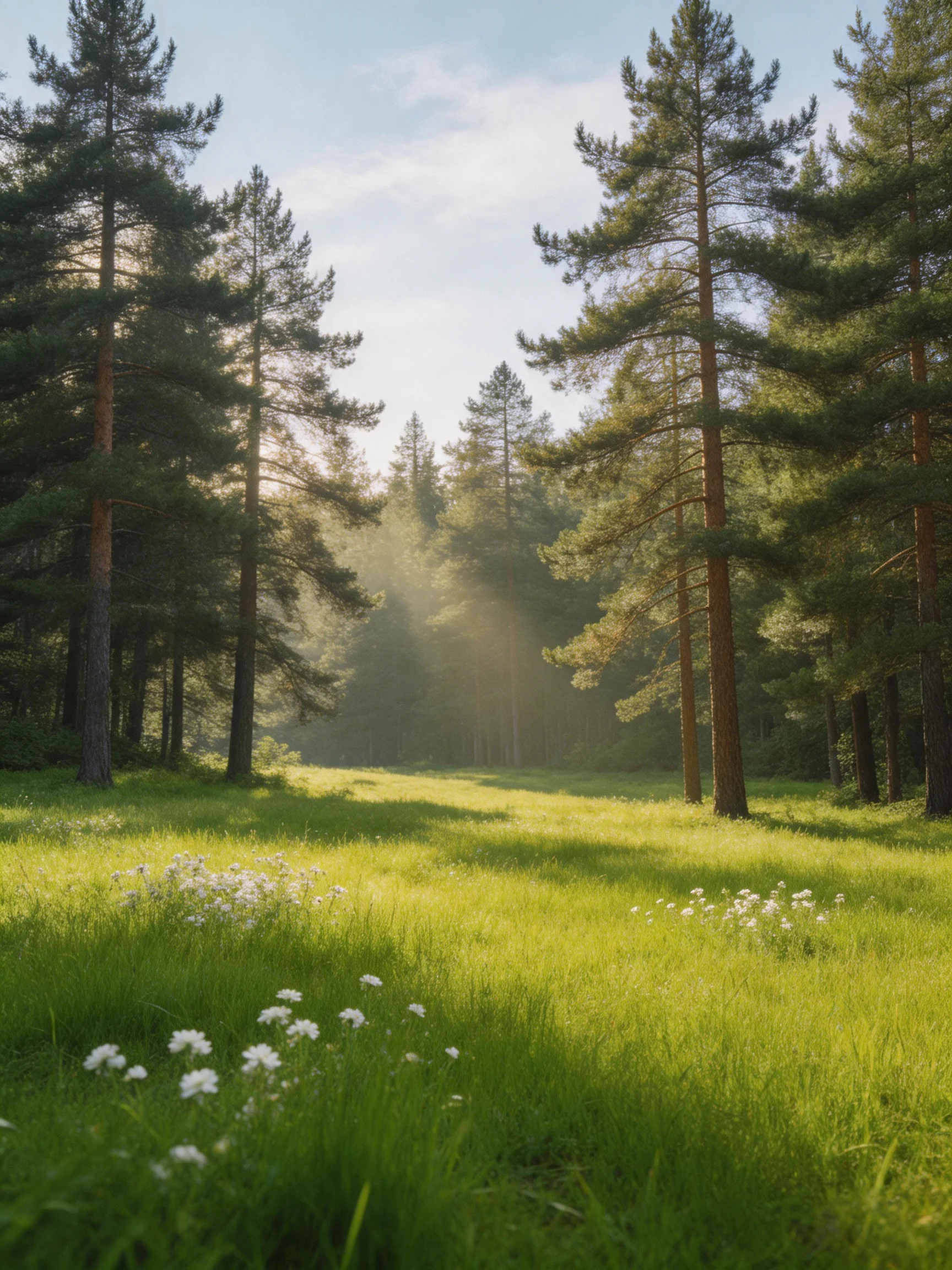 Tall pine trees surround a sunlit green meadow with white flowers