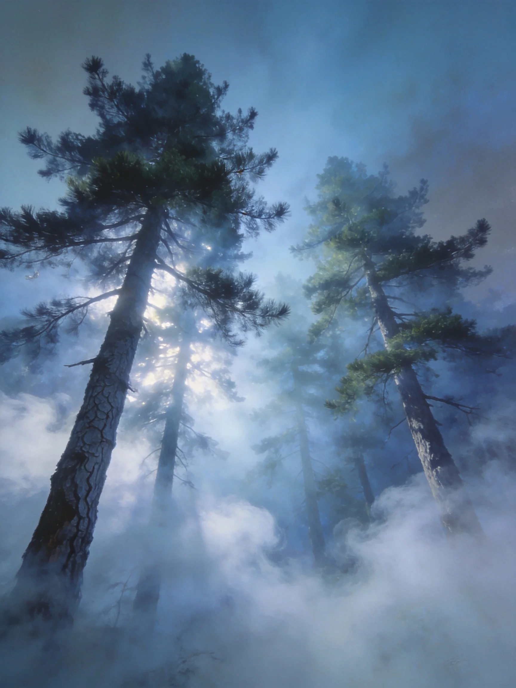 Tall pine trees surrounded by thick mist under blue atmospheric conditions