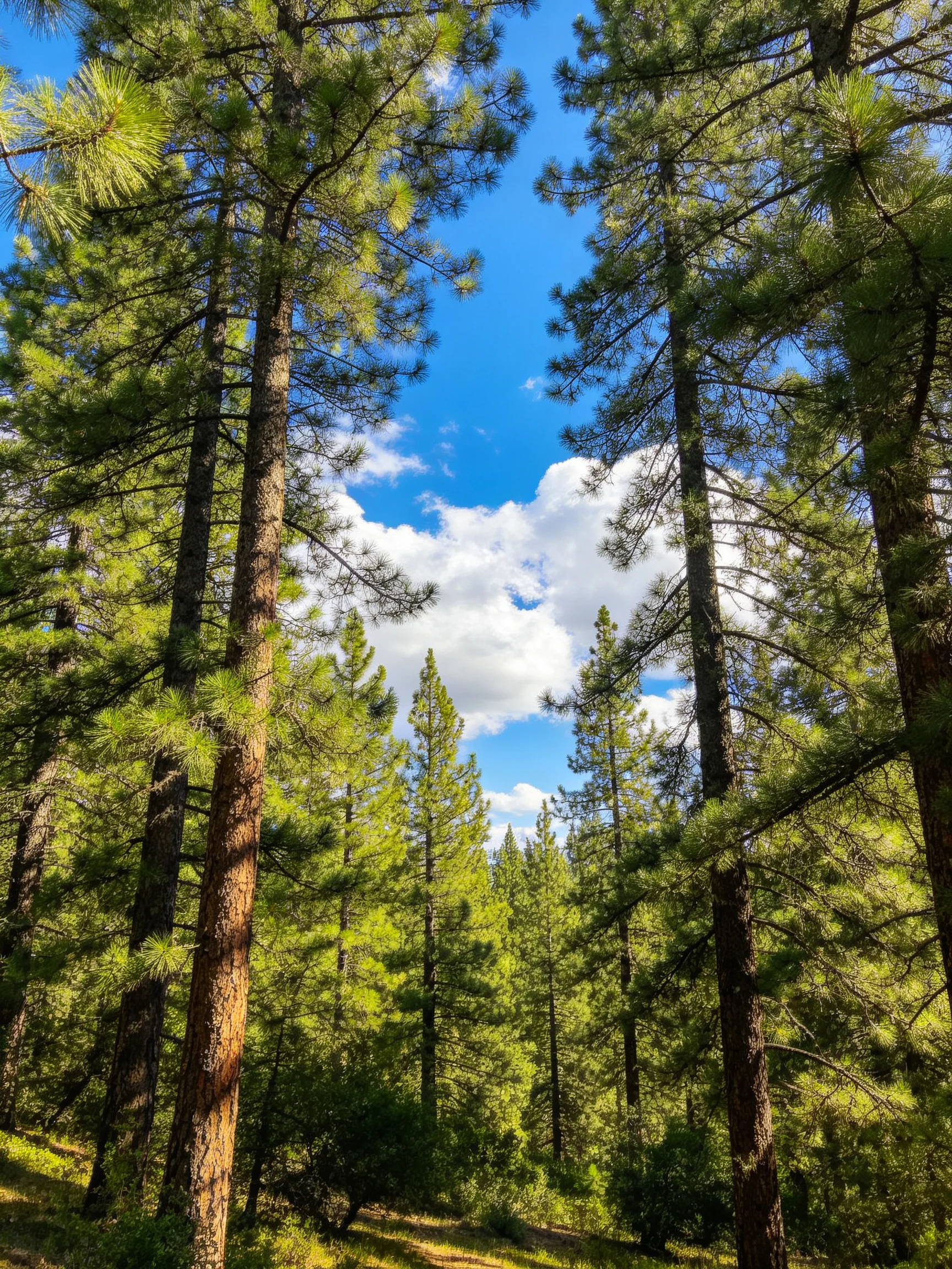 Tall pine trees tower amid lush greenery under bright blue sky