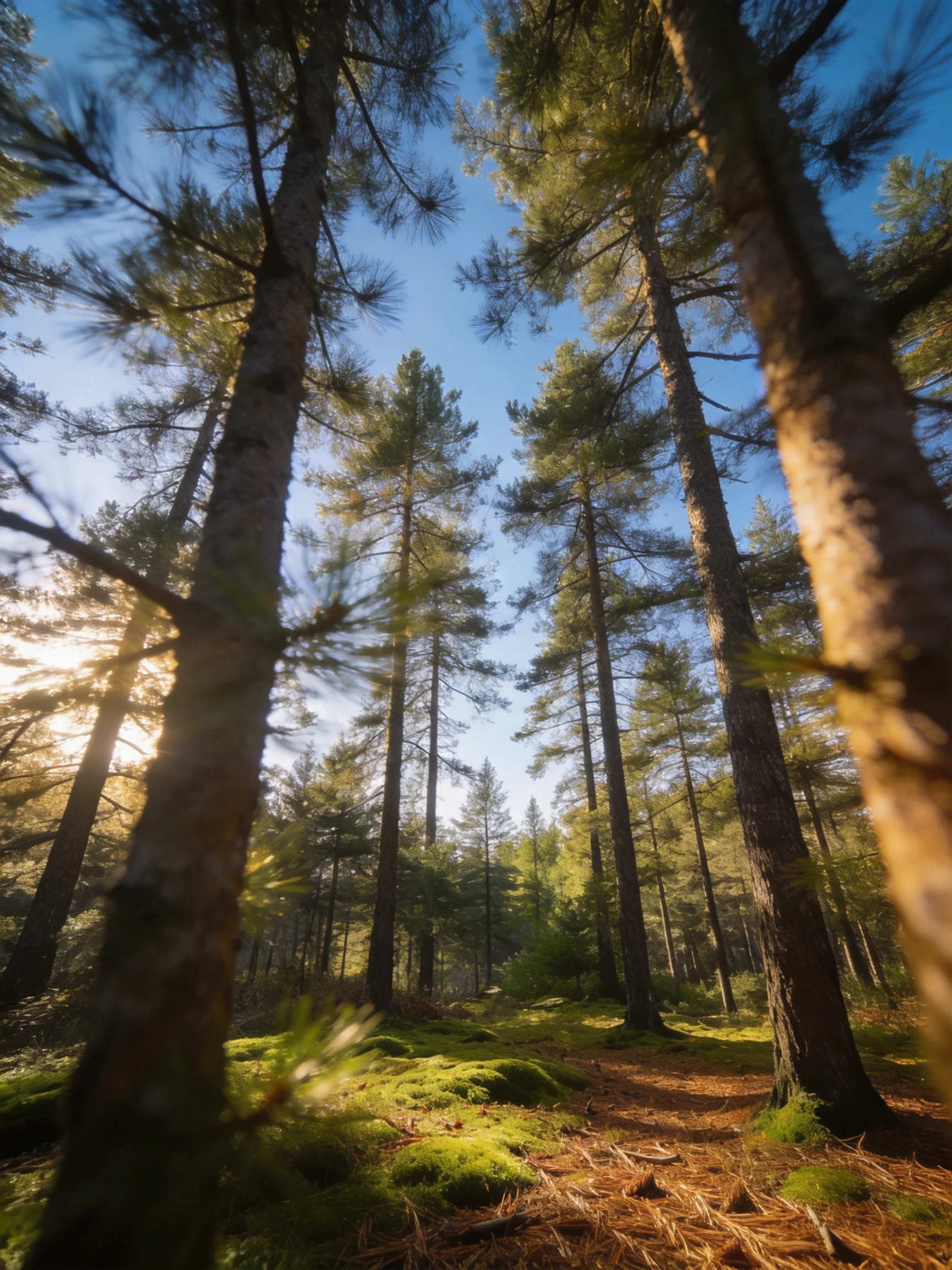 Tall pine trees tower over a moss-covered forest path under bright sunlight