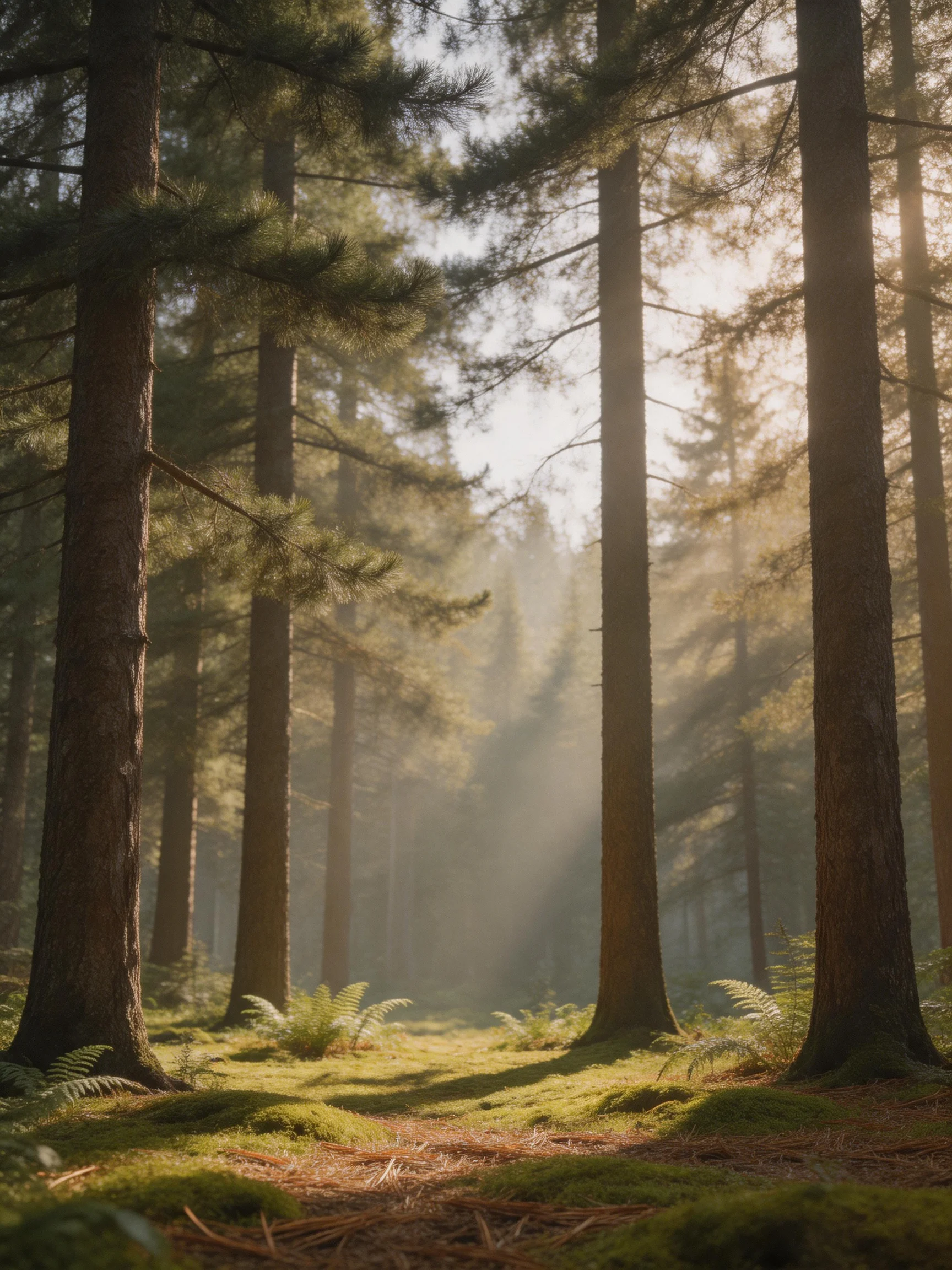 Tall pine trees tower over a sunlit forest clearing with green moss