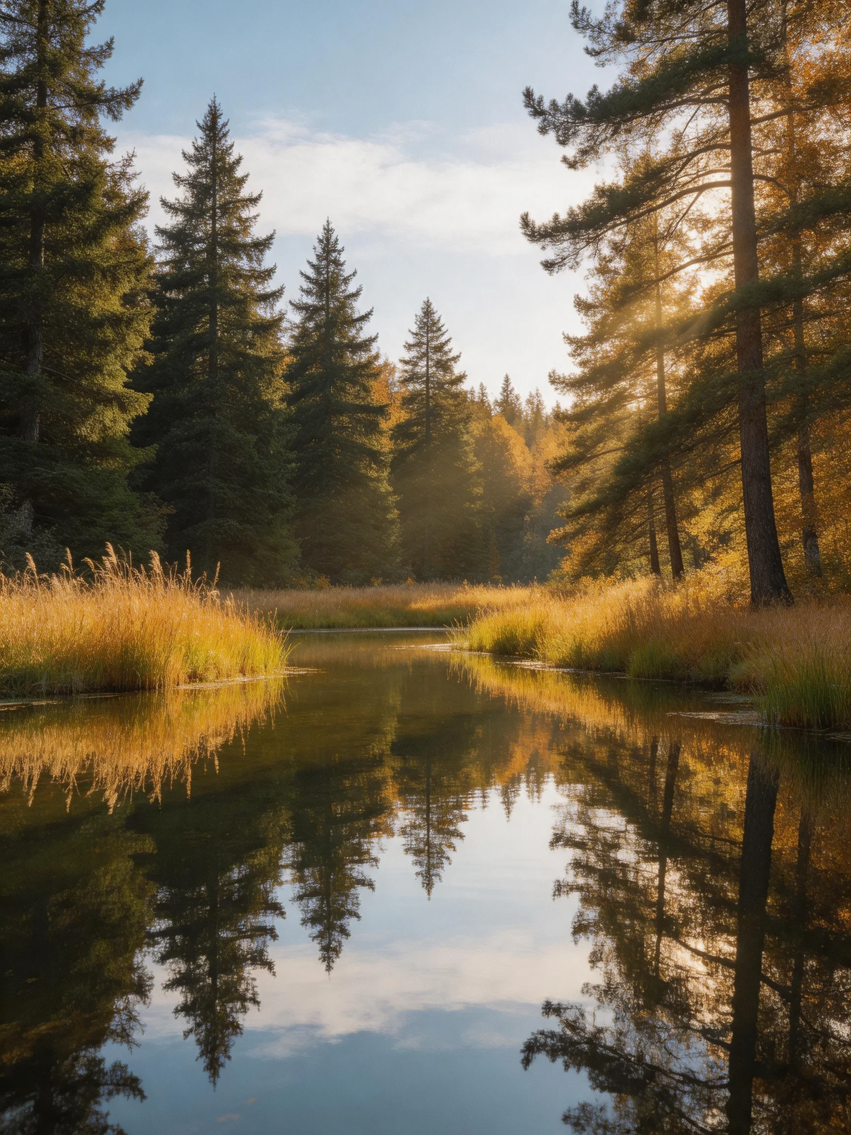 Tall pines and golden reeds reflect in a forest stream