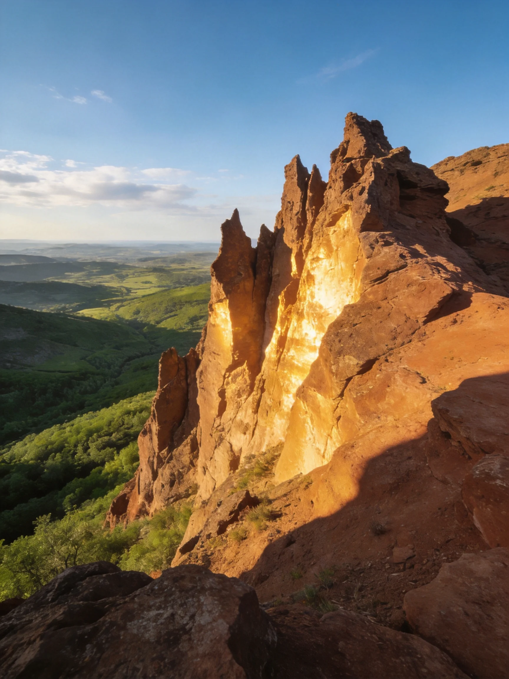 Tall reddish-brown rock spires overlook lush green valleys beneath a clear blue sky