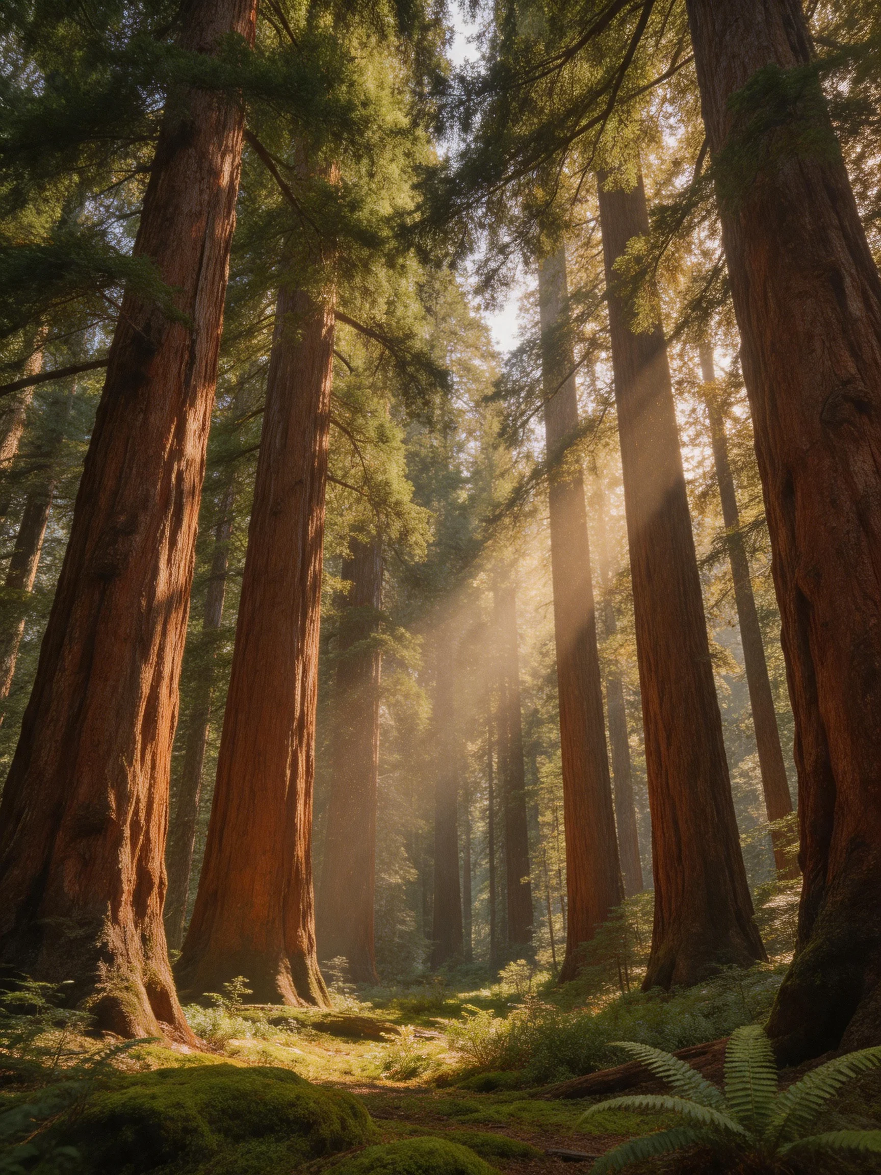 Tall reddish-brown trees in misty forest with golden sunlight