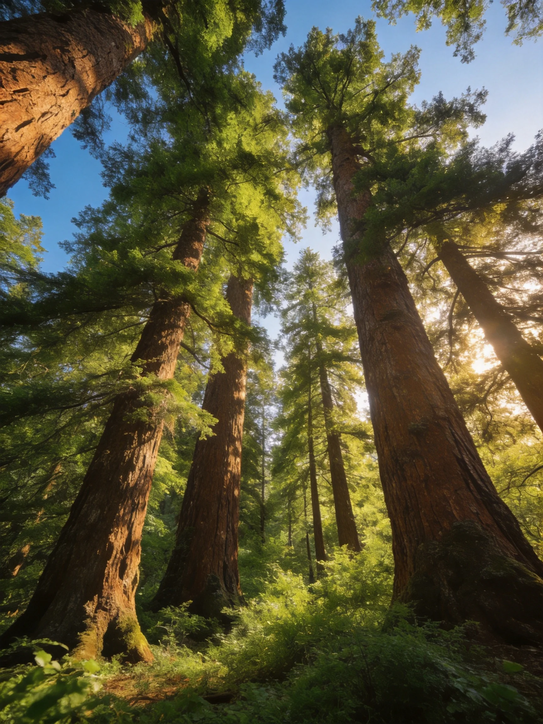 Tall reddish-brown trunks rise among dense green foliage under bright blue sky