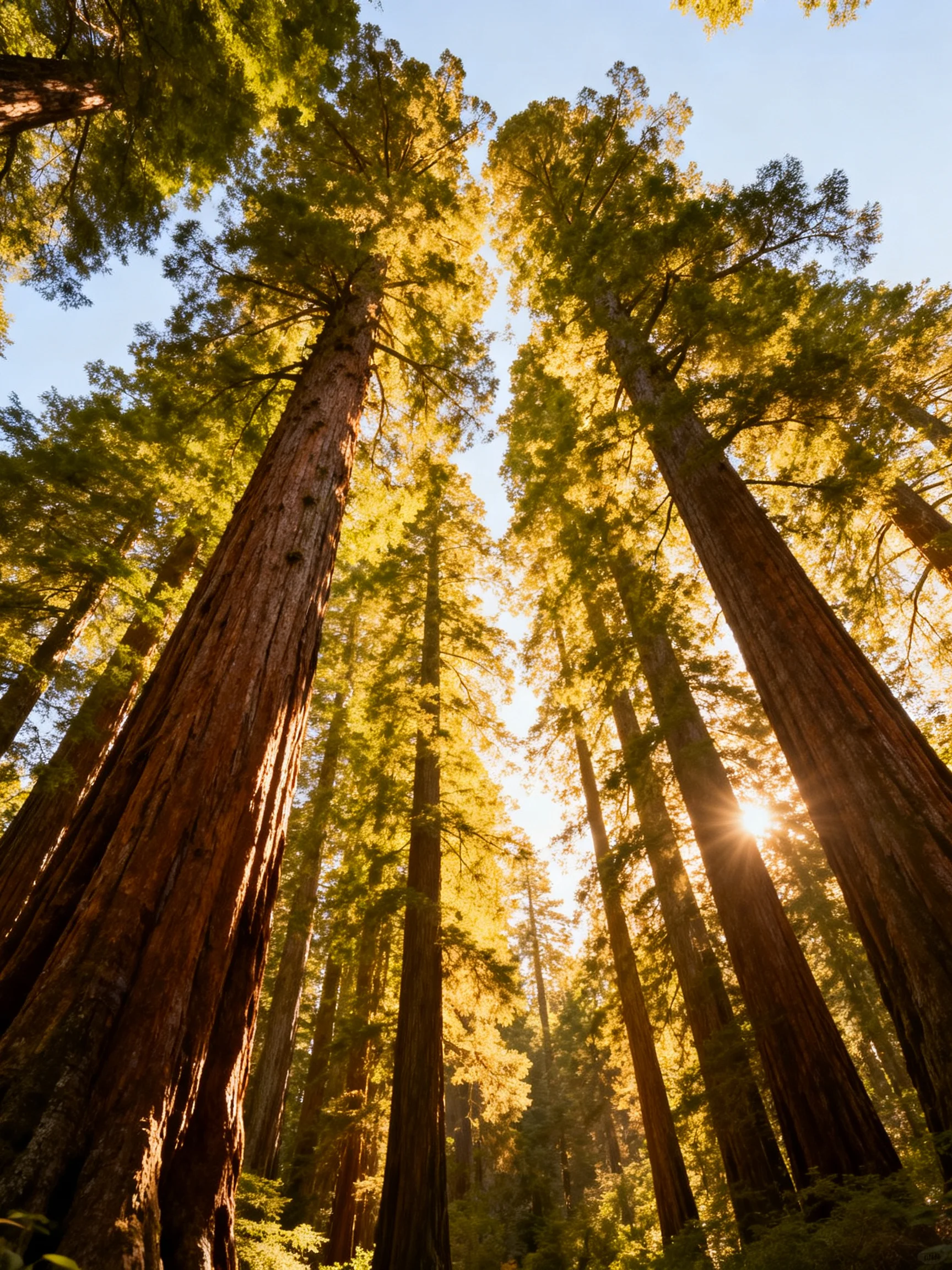 Tall redwood trees illuminated by golden sunlight in a dense forest