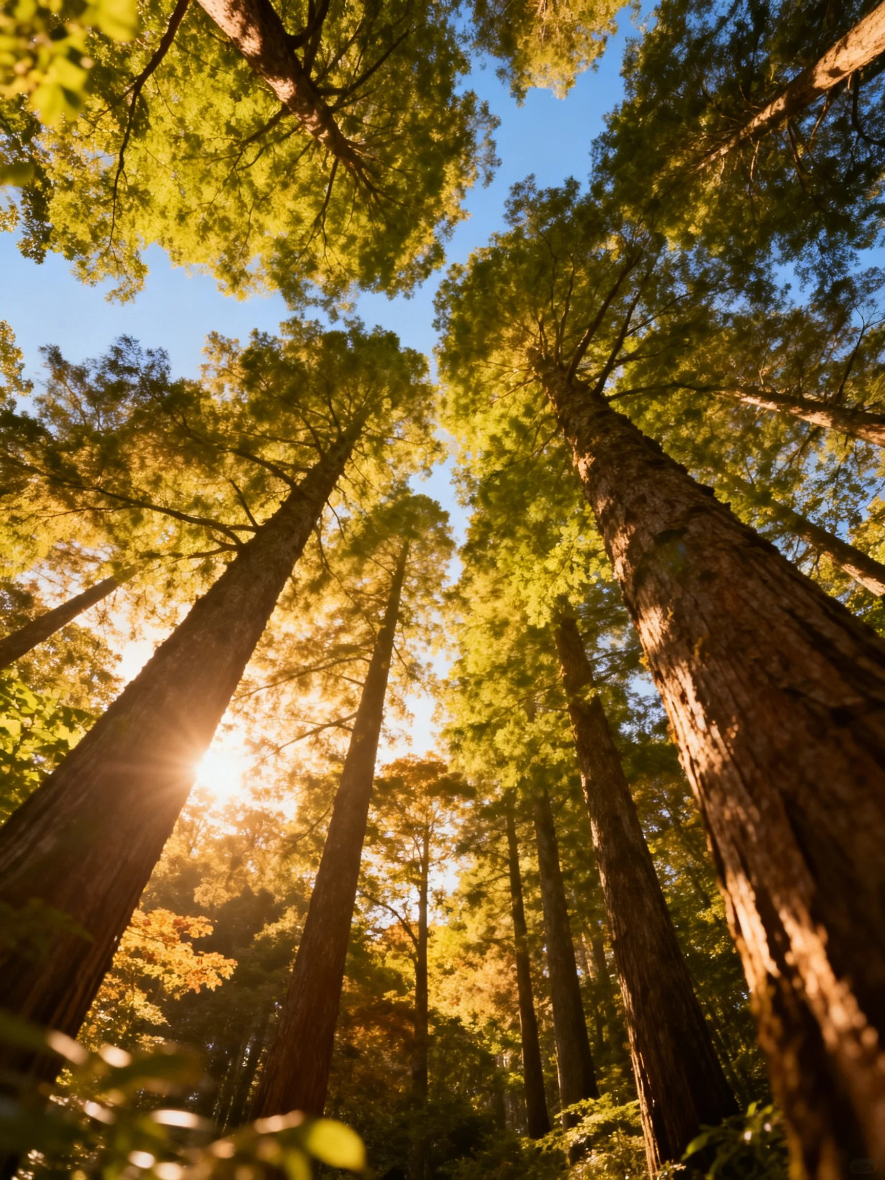 Tall redwood trees tower under golden sunlight with clear blue sky