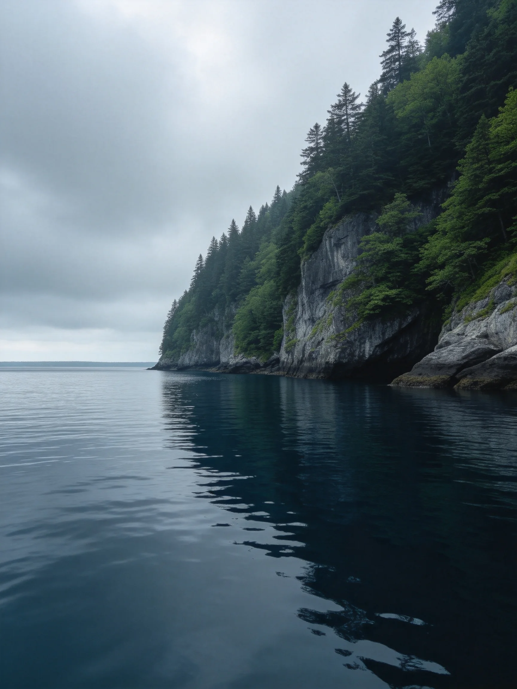 Tall rocky cliffs beside calm dark blue water with dense green forest