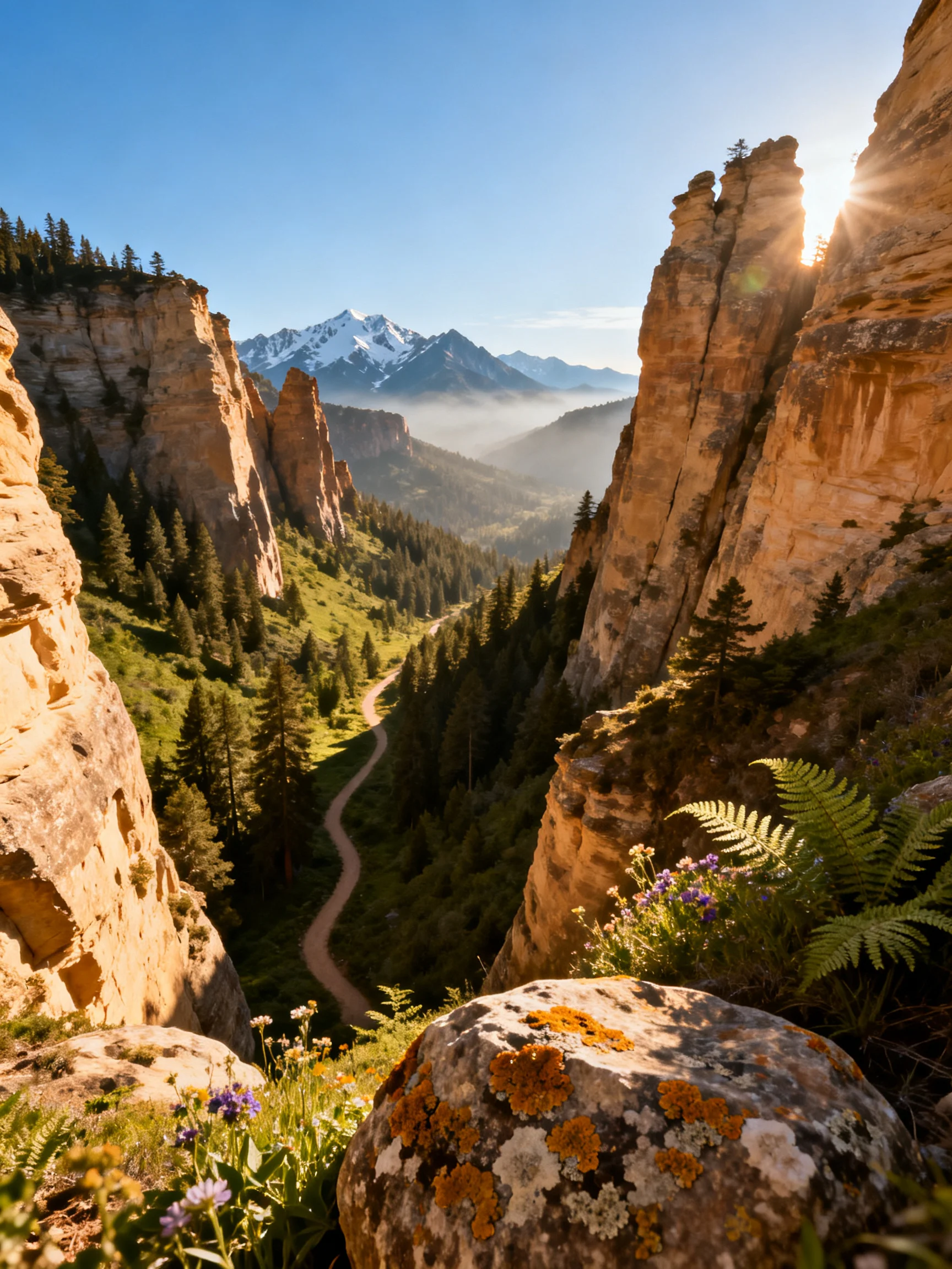 Tall rocky cliffs frame a forested valley with distant snow-capped peaks