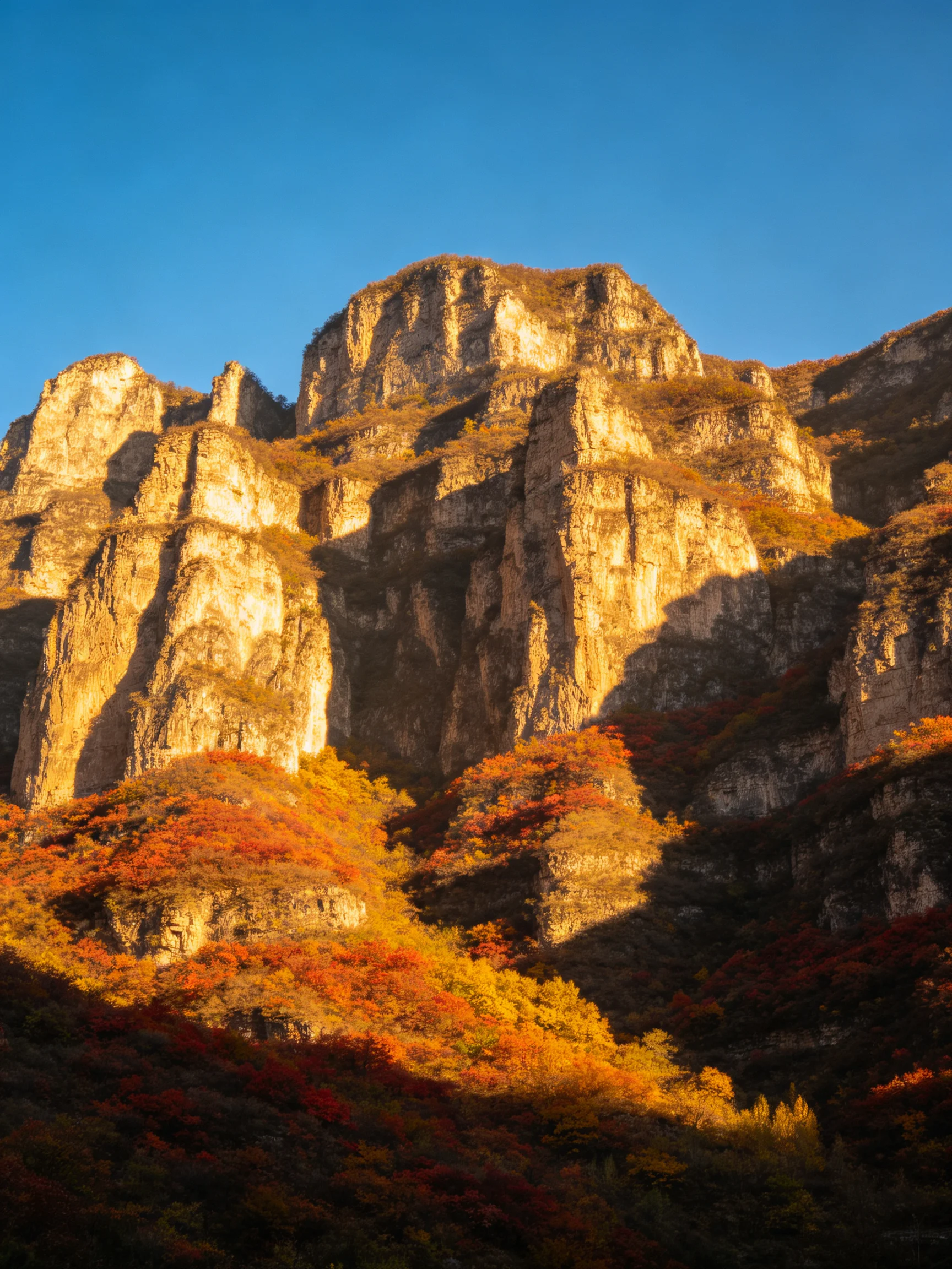 Tall rocky cliffs with vibrant autumn foliage under clear blue sky