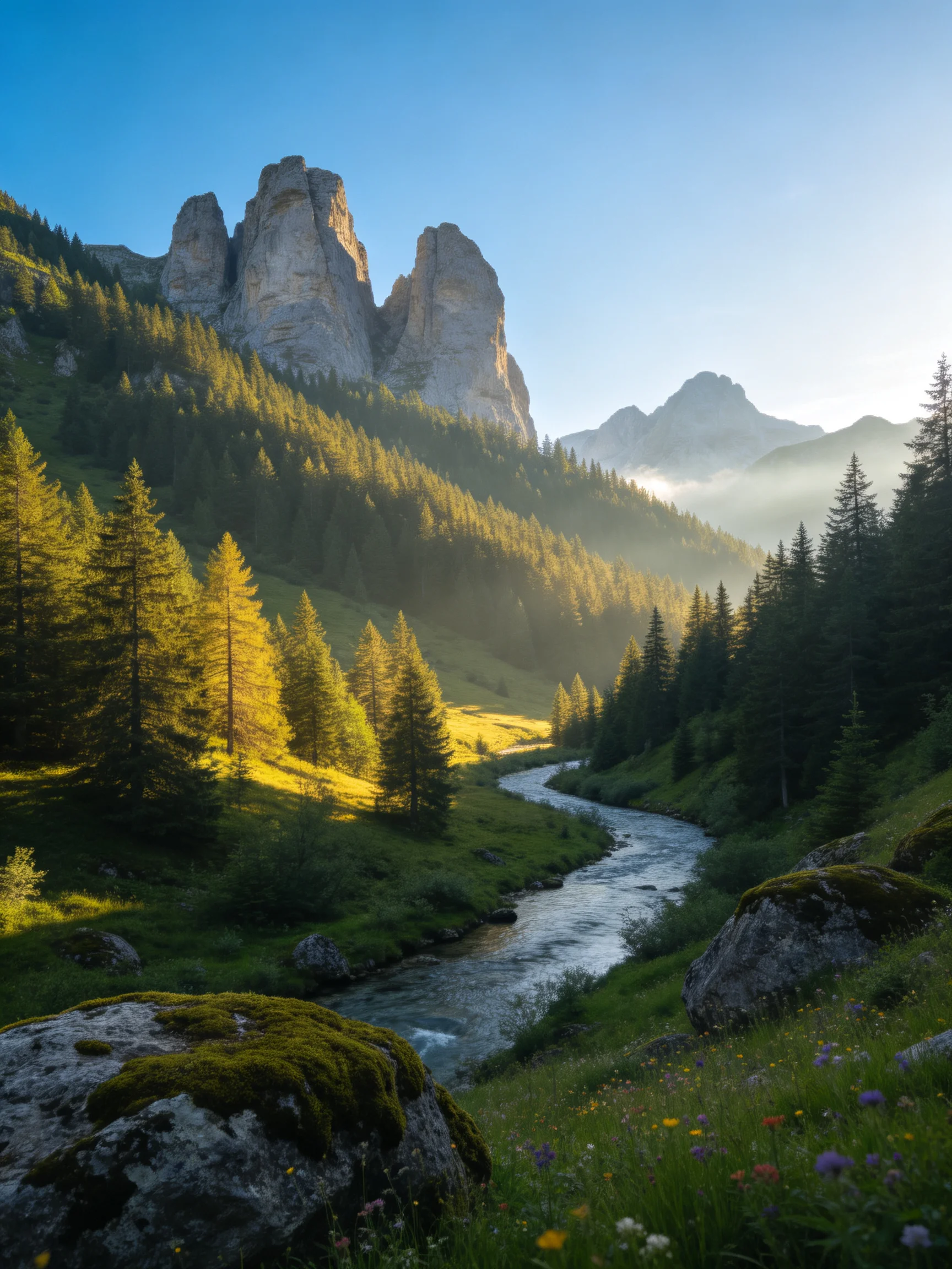 Tall rocky peaks tower over a winding stream through lush green forests