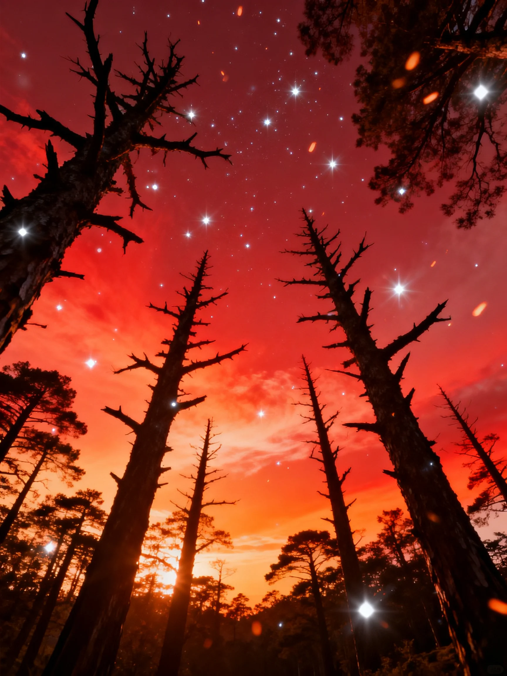 Tall silhouetted trees beneath vibrant red star-filled sky