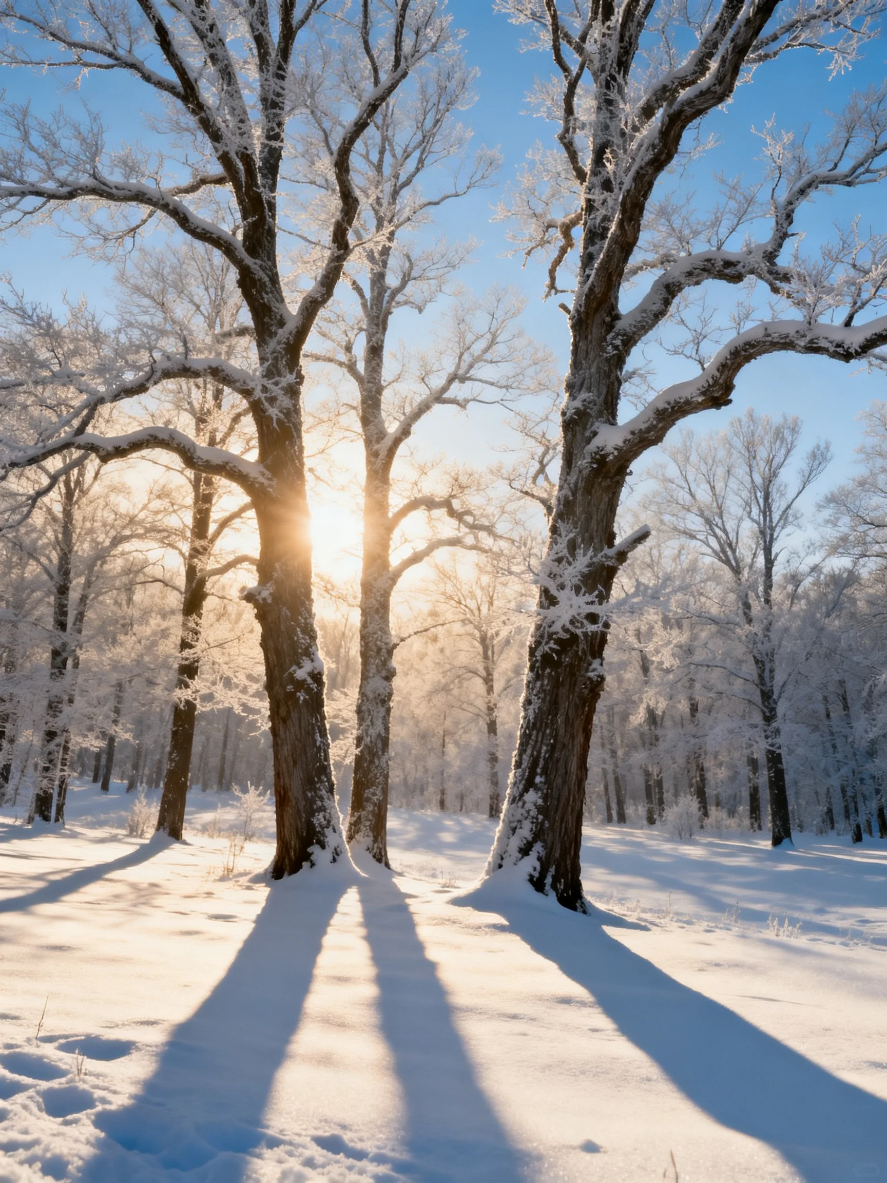 Tall snow-covered trees with sunlight filtering through winter forest