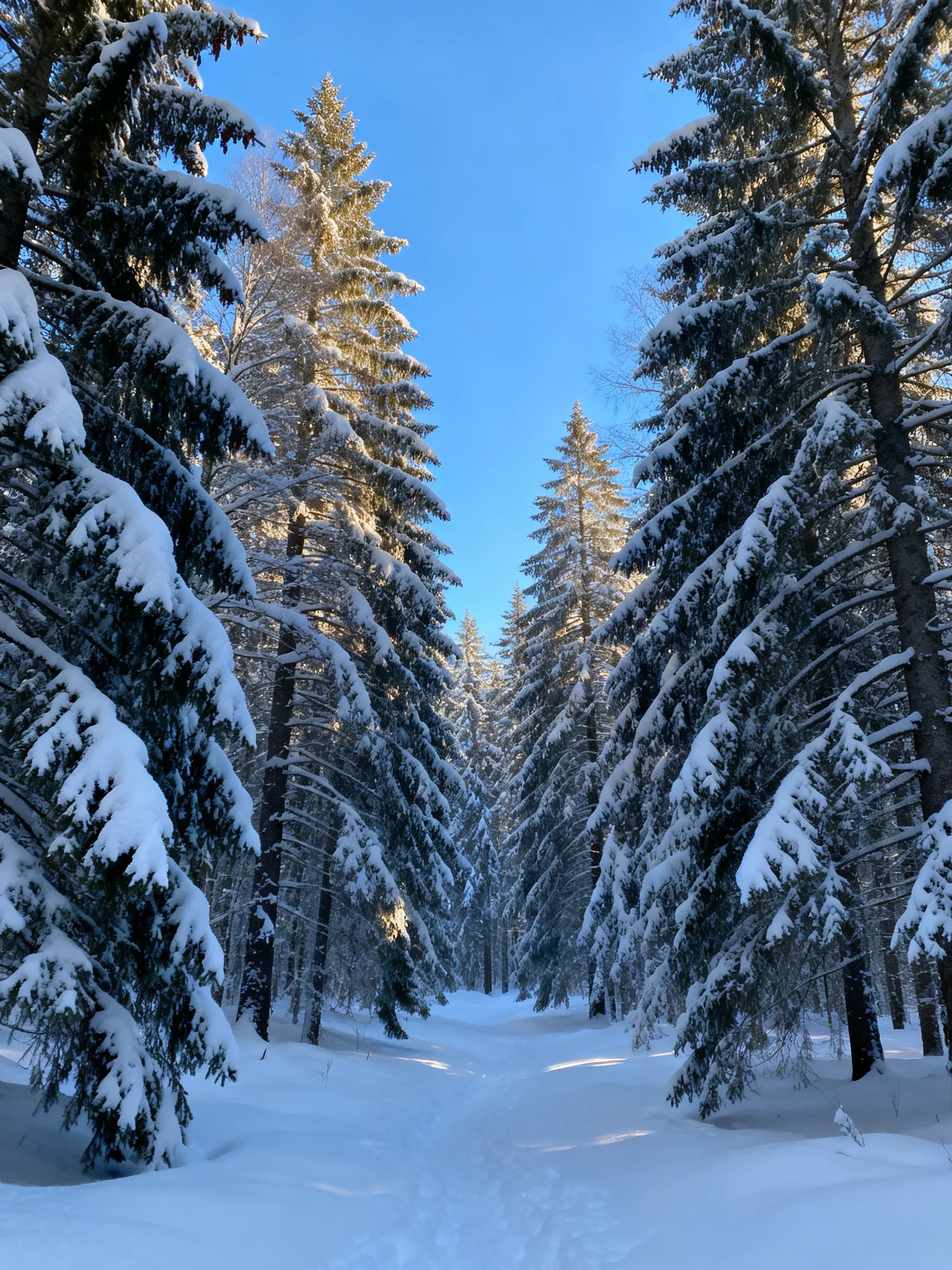 Tall snow-laden pine trees form a path through a winter forest