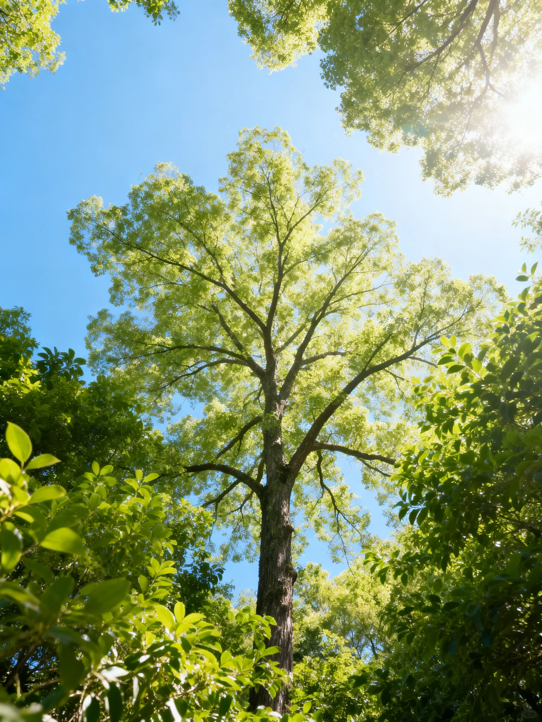 Tall tree with lush green canopy under clear blue sky