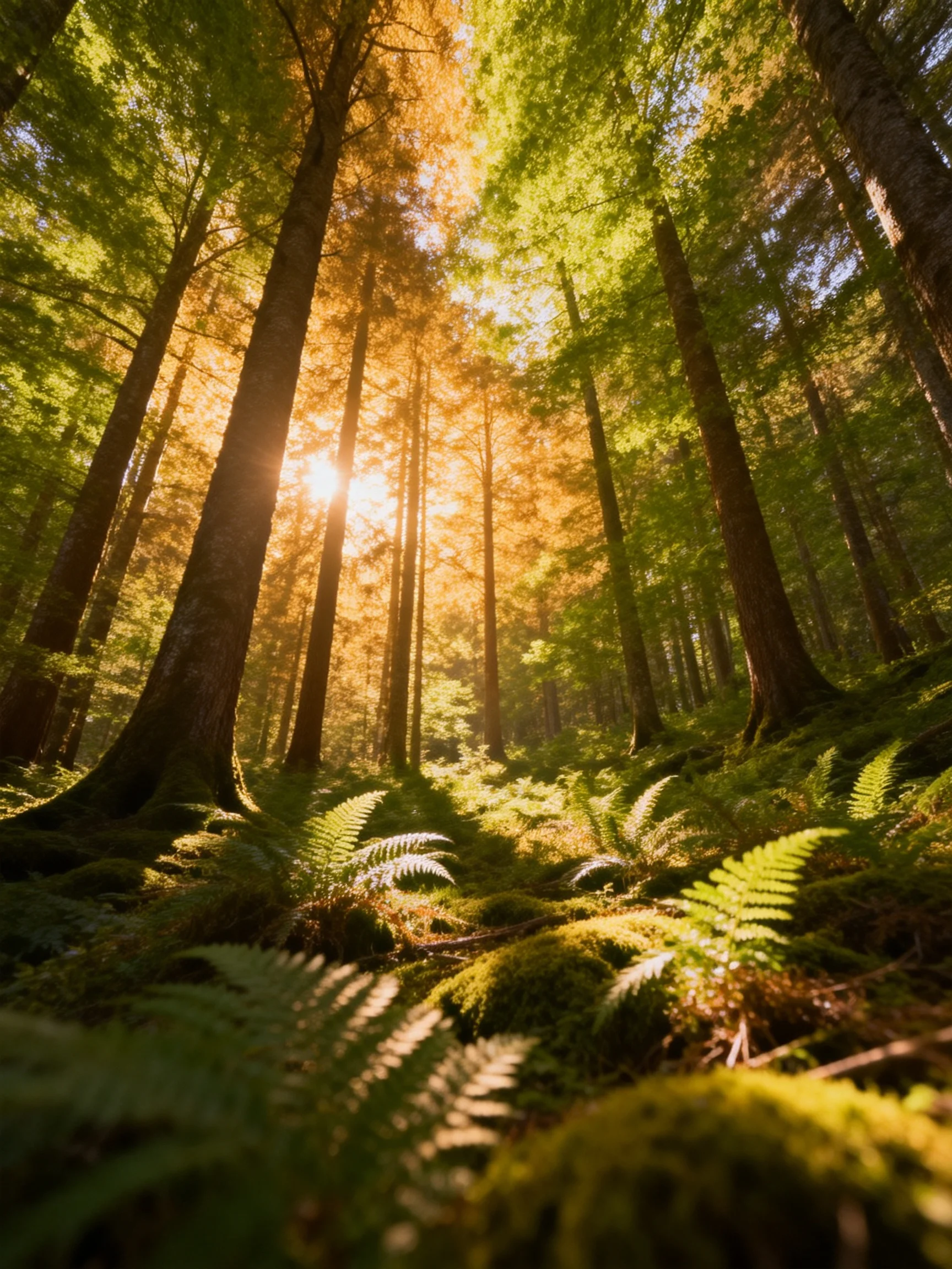 Tall trees and ferns illuminated by golden sunlight in dense forest