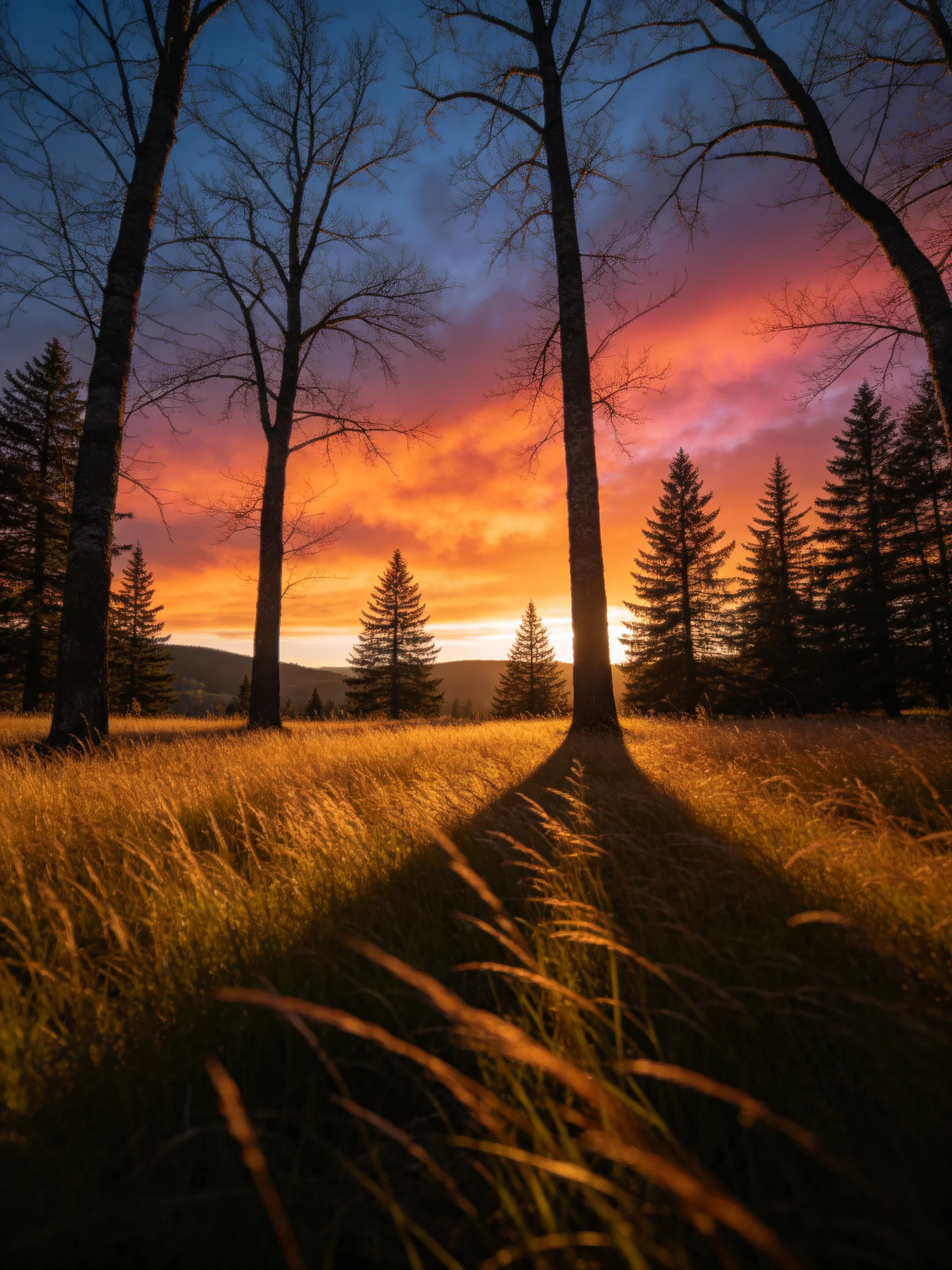 Tall trees and golden grass beneath a colorful sunset sky